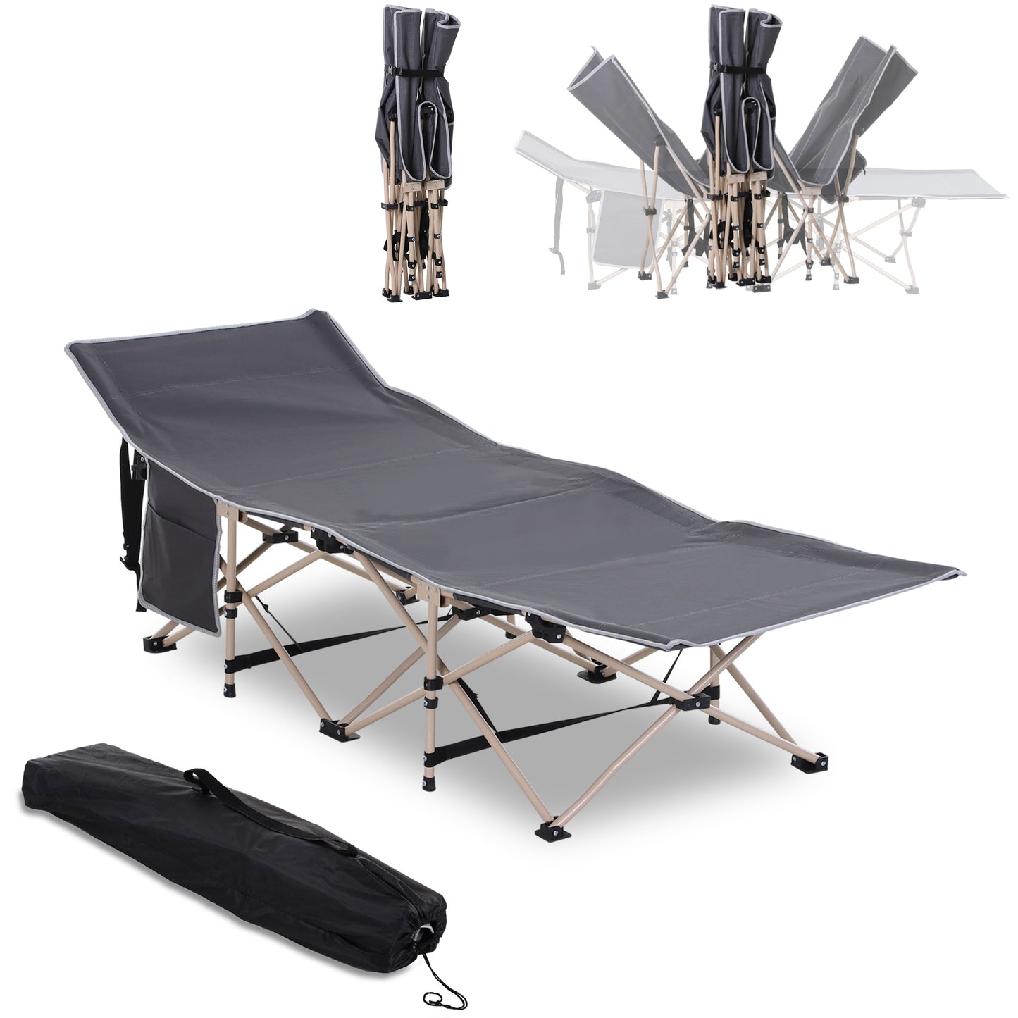 Single Steel Frame Portable Camping Cot, with Carry Bag