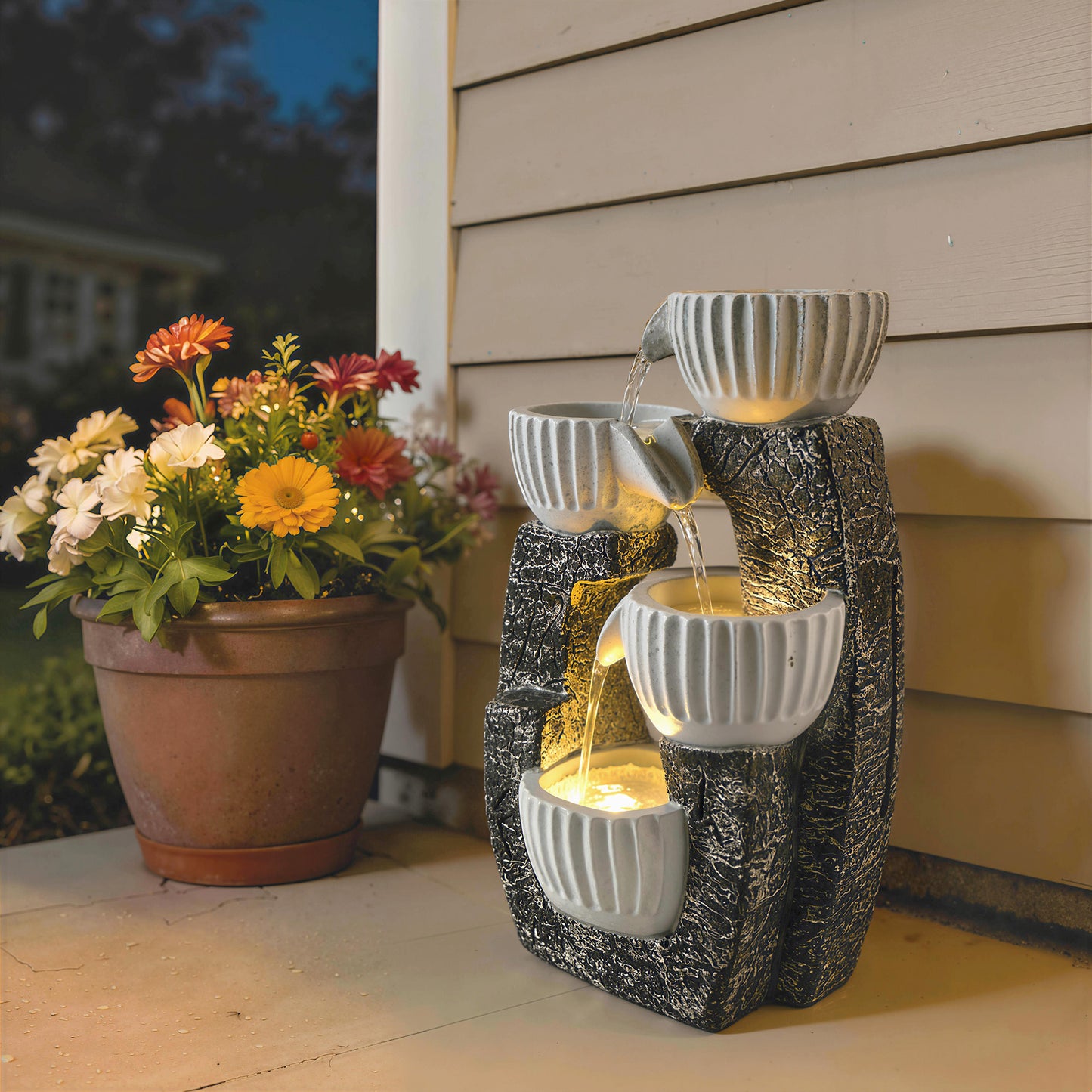 4-Tier Bowl Water Feature, Indoor Outdoor Garden Water Fountain