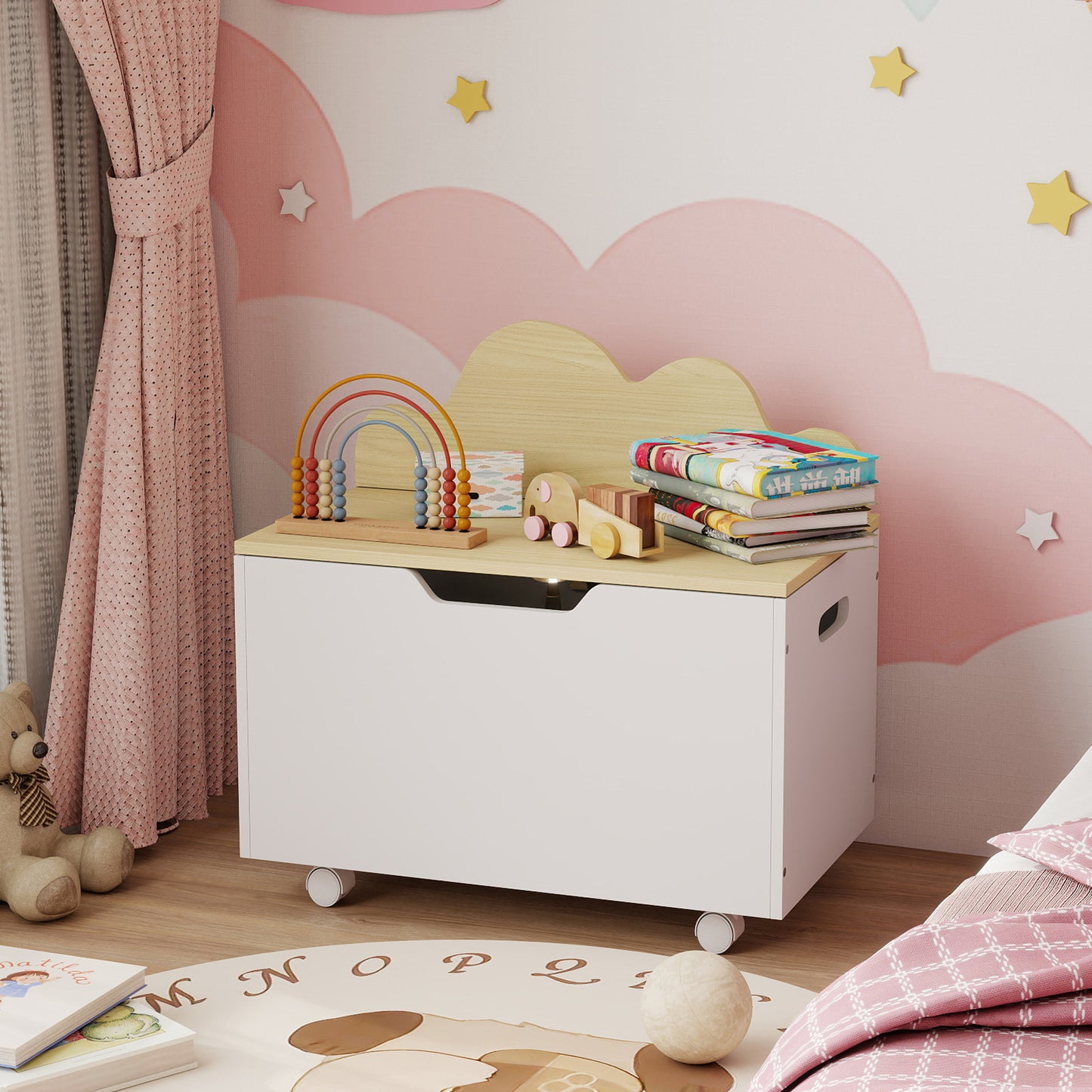 Toy Box with Lid, Toy Chest with Wheels and Safety Hinges