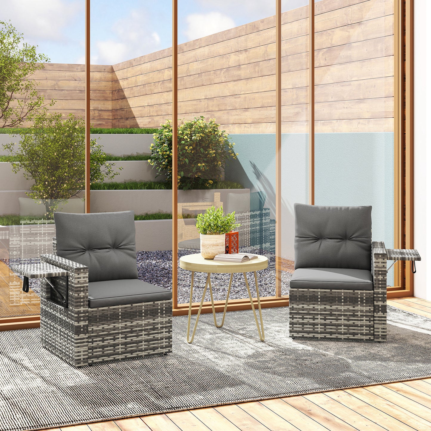 2 Seater Rattan Garden Sofa Outdoor Loveseat with Hidden Side Trays