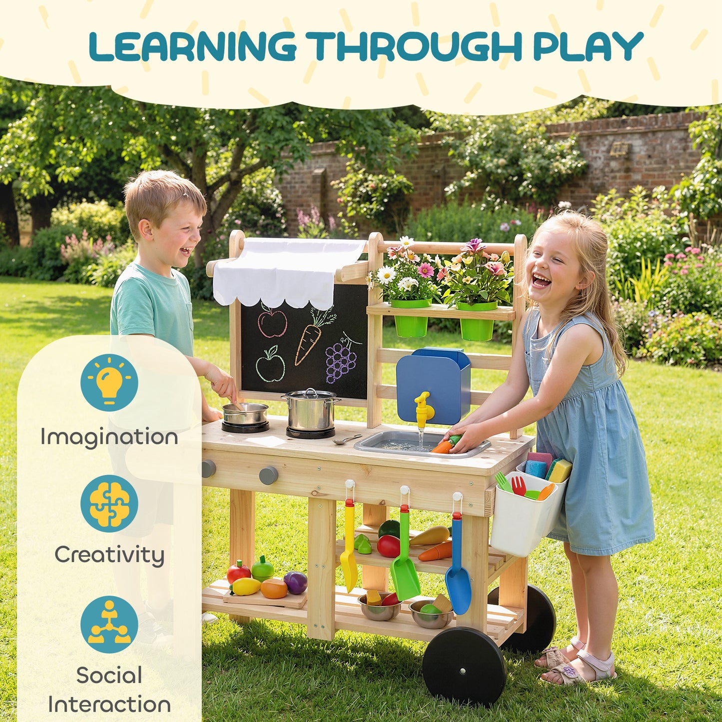 Mud Kitchen with Real Water Faucet Pretend Play Kitchen Playset