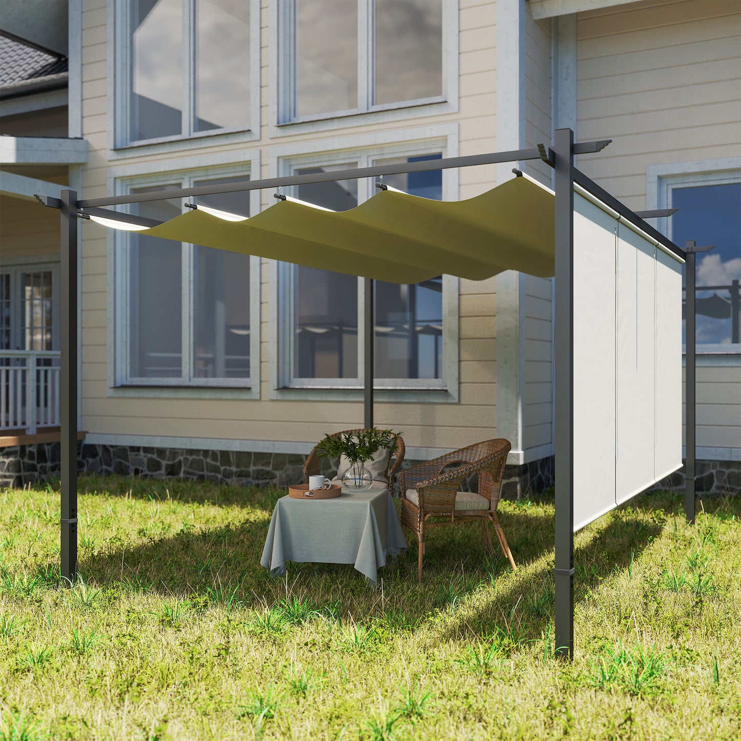 3 x 4m Metal Pergola with Retractable Roof and Roller Shade (1)