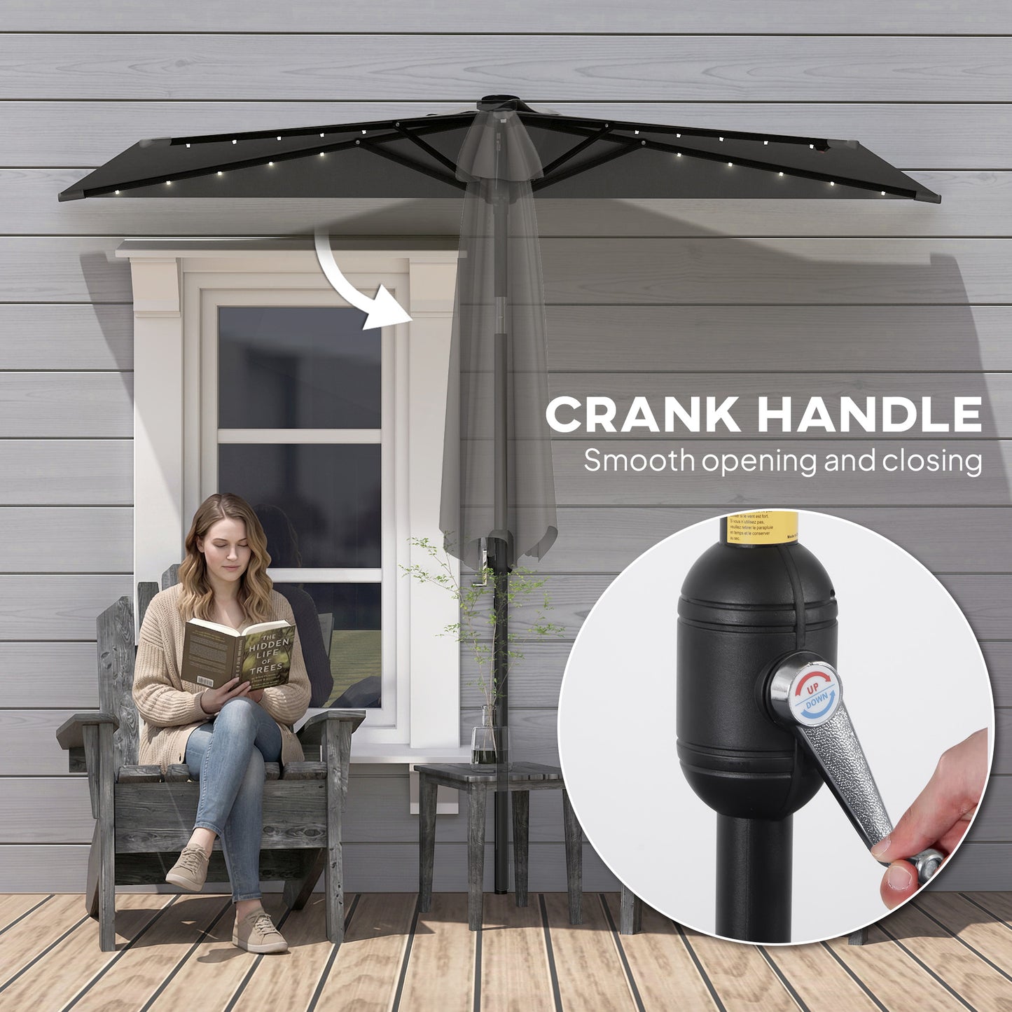 2.6 m Half Garden Parasol with Solar LED Lights