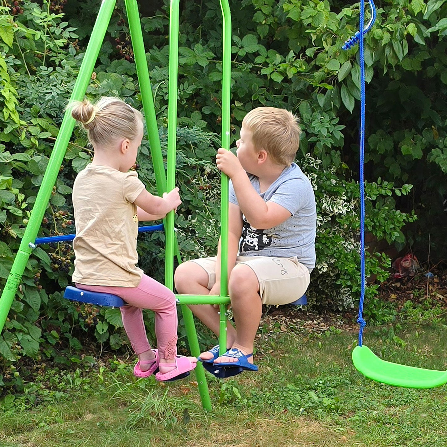 Metal Garden Swing Set Height Adjustable Children Outdoor Backyard