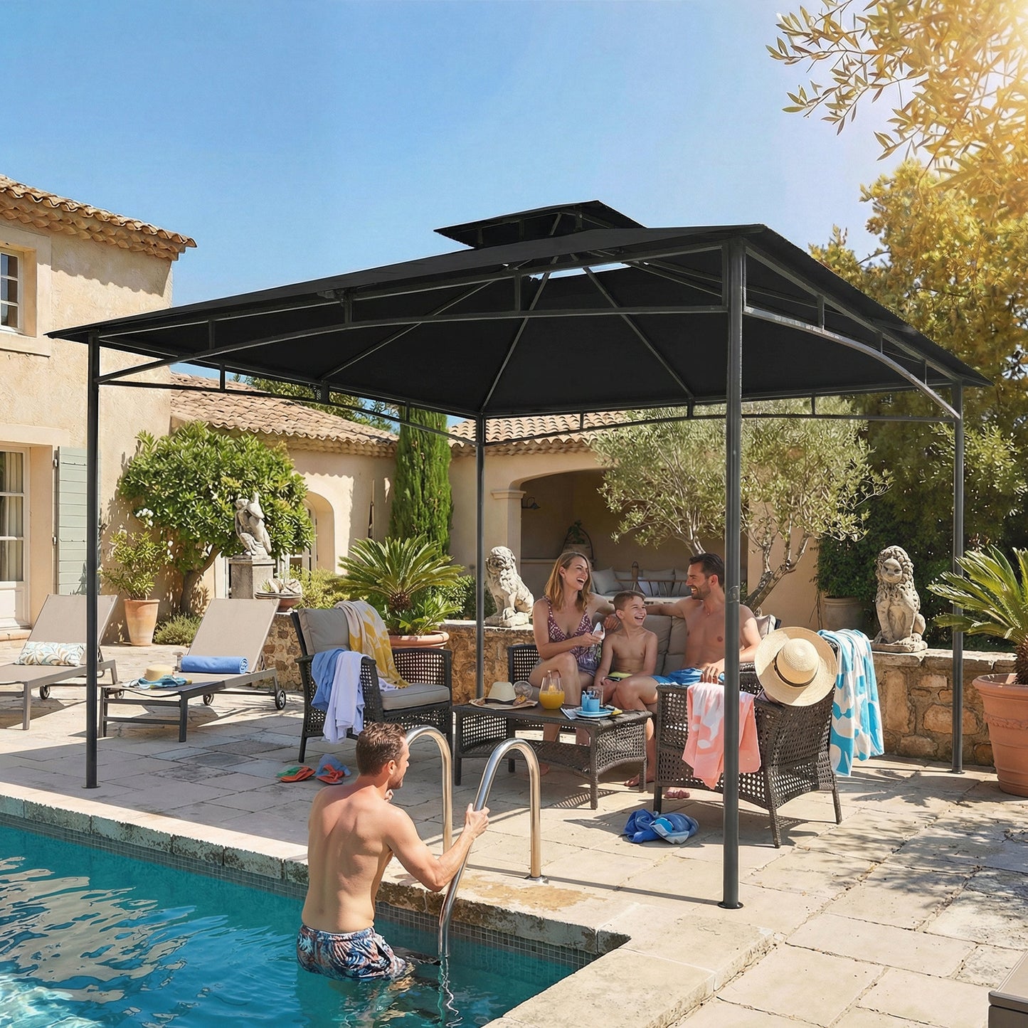 3 x 3 m Gazebo, Garden Gazebo with 2-Tier Roof, Metal Frame