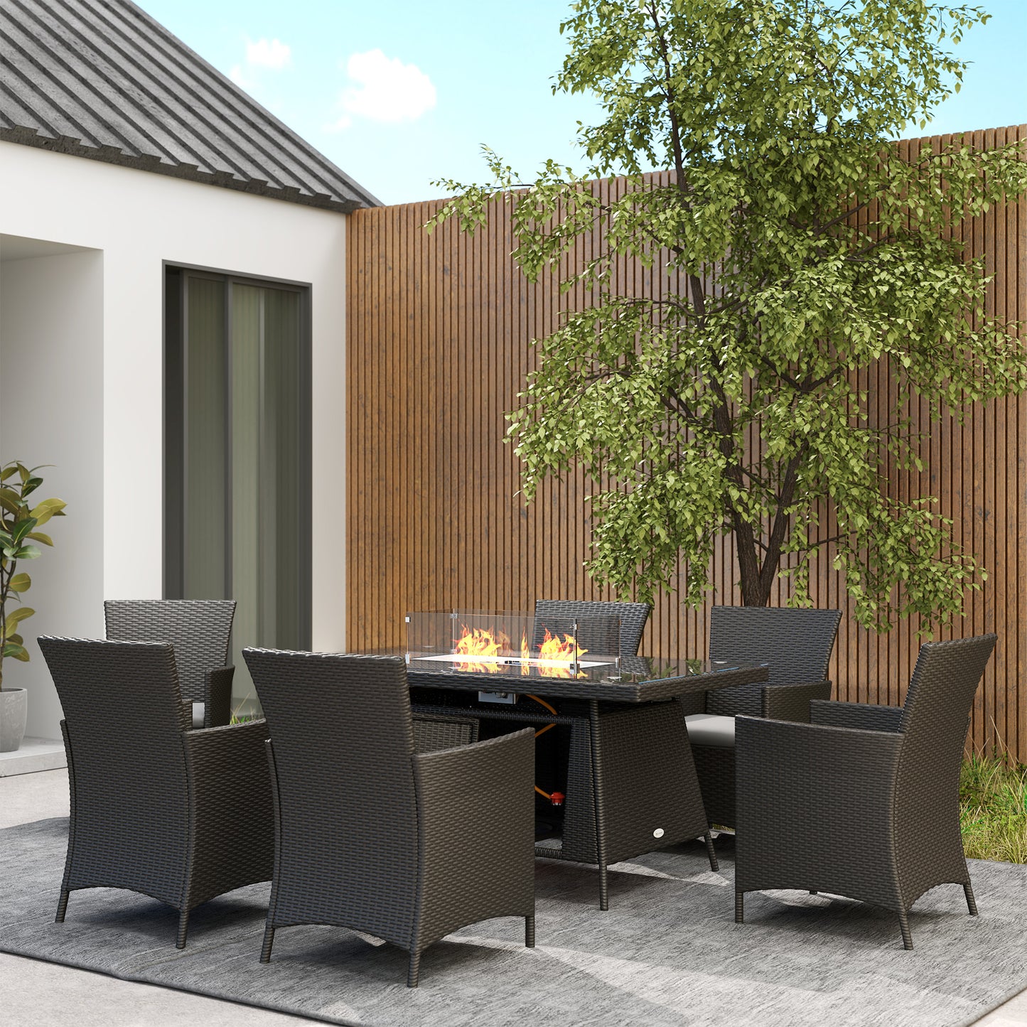 7 Pieces Outdoor Rattan Garden Furniture with Fire Pit Table