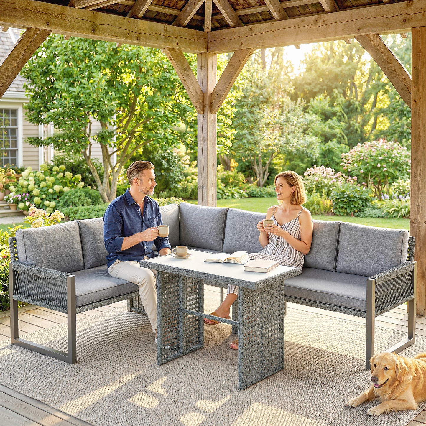 6 Seater Rattan Garden Furniture Set with 3 Loveseats, Table
