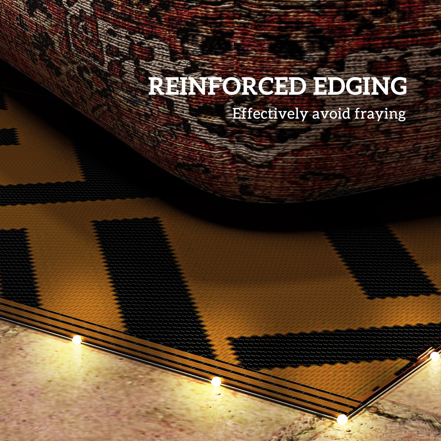 Plastic Straw Reversible RV Outdoor Rug with LED String Light