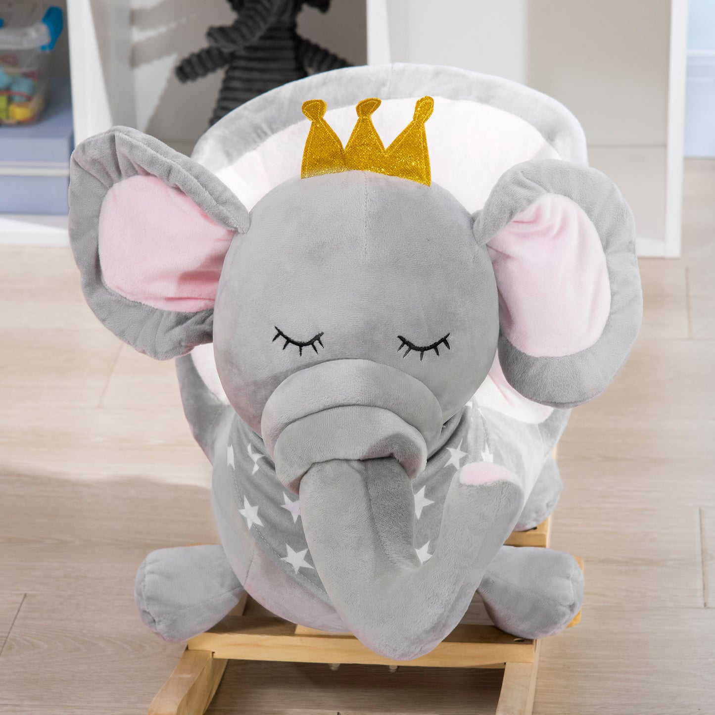 Kids Elephant-Designed Rocking Horse, with Safety Belt, Wooden Base