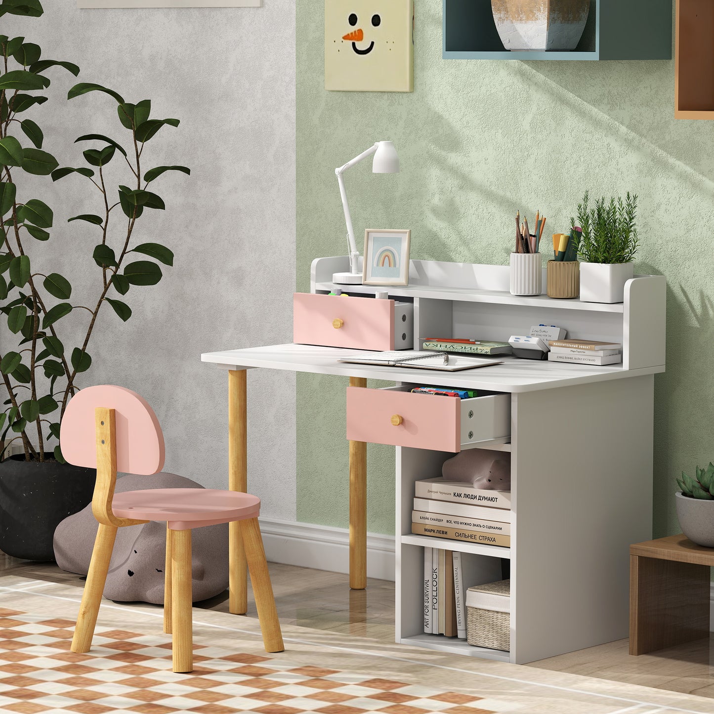2 Pieces Children Study Table with Hutch