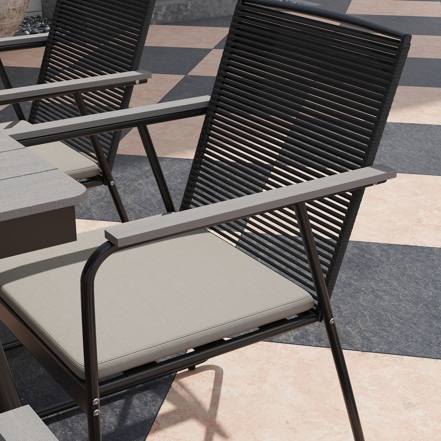 6 Seater Garden Dining Set with Soft Cushions, Rattan Backrest