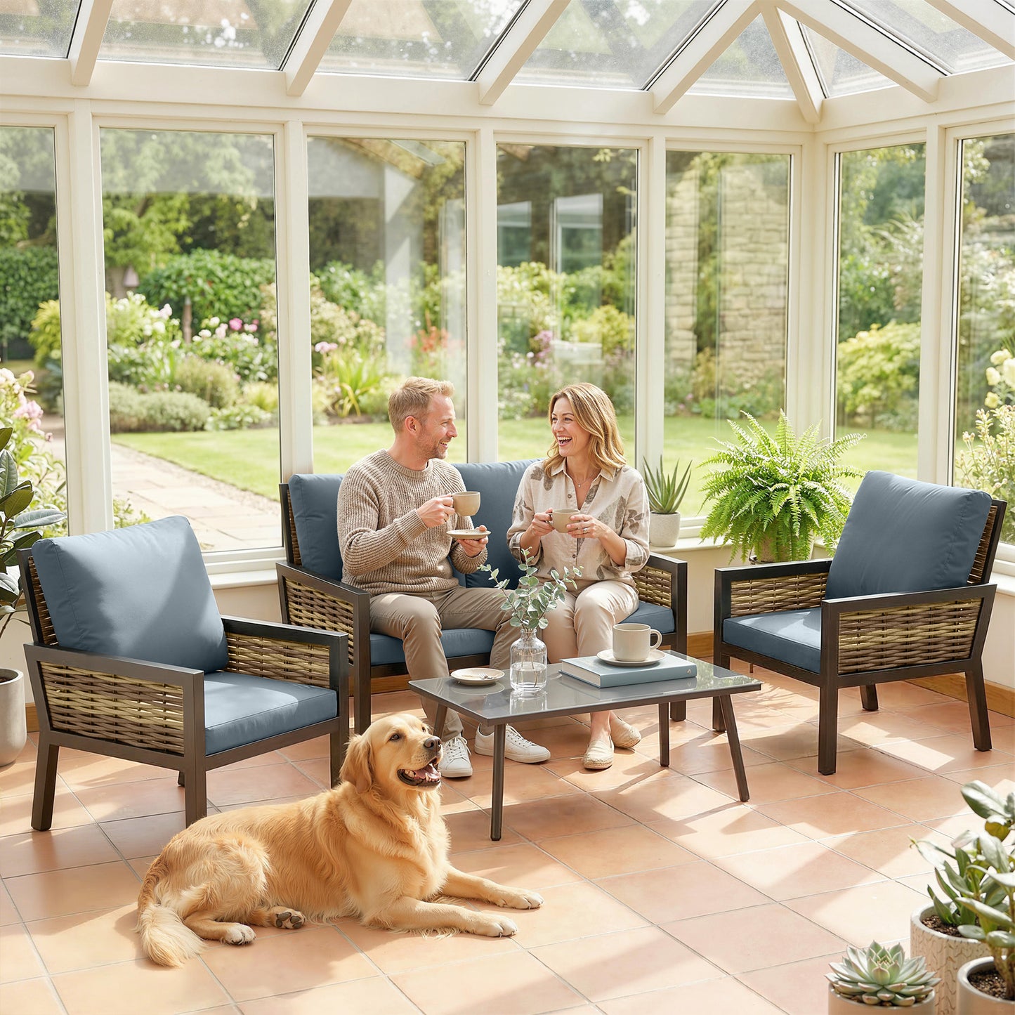 4 Seater Rattan Garden Furniture Set with 2 Armchairs, Loveseat (3)