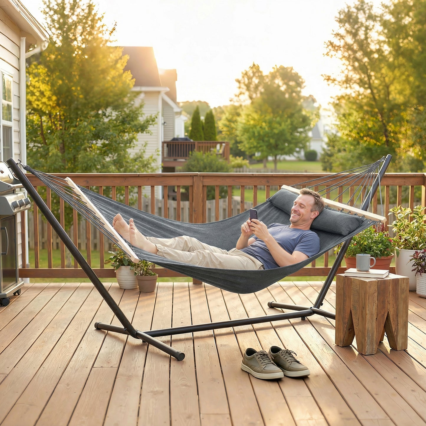 Cotton Hammock, Soft Portable Swing Sleeping w/ Headrest & Side Pocket