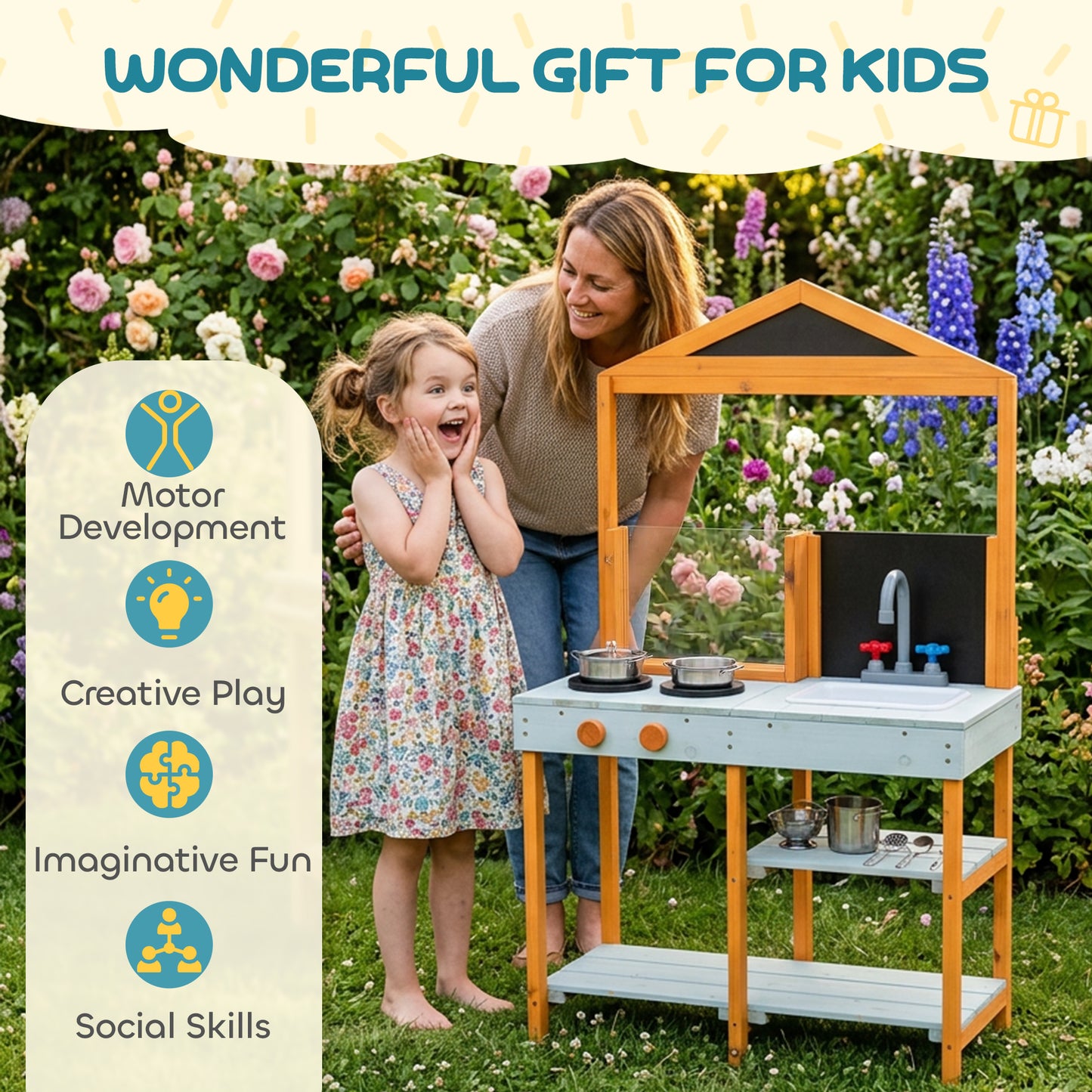 Mud Kitchen for Kids, Outdoor Wooden Play Kitchen with Sink, Stove