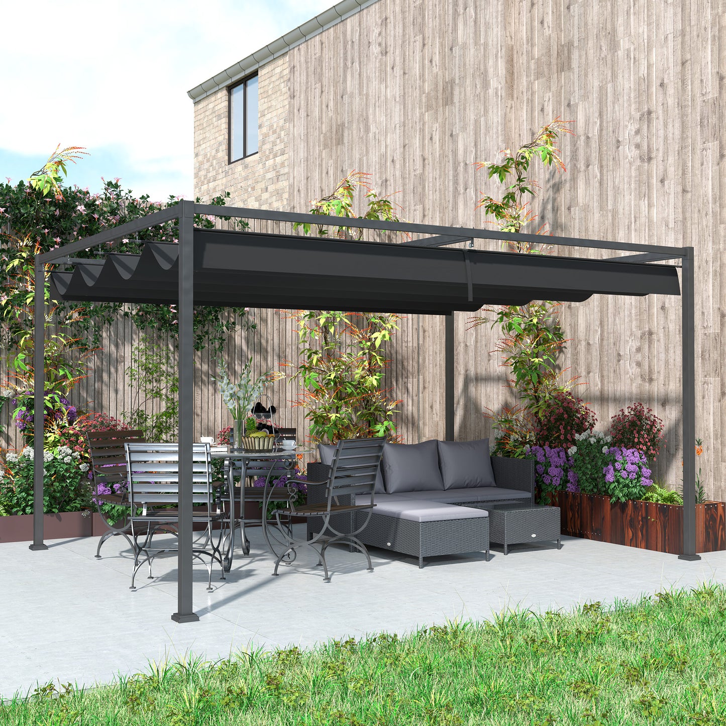 4 x 3m Metal Pergola, with Retractable Canopy Roof