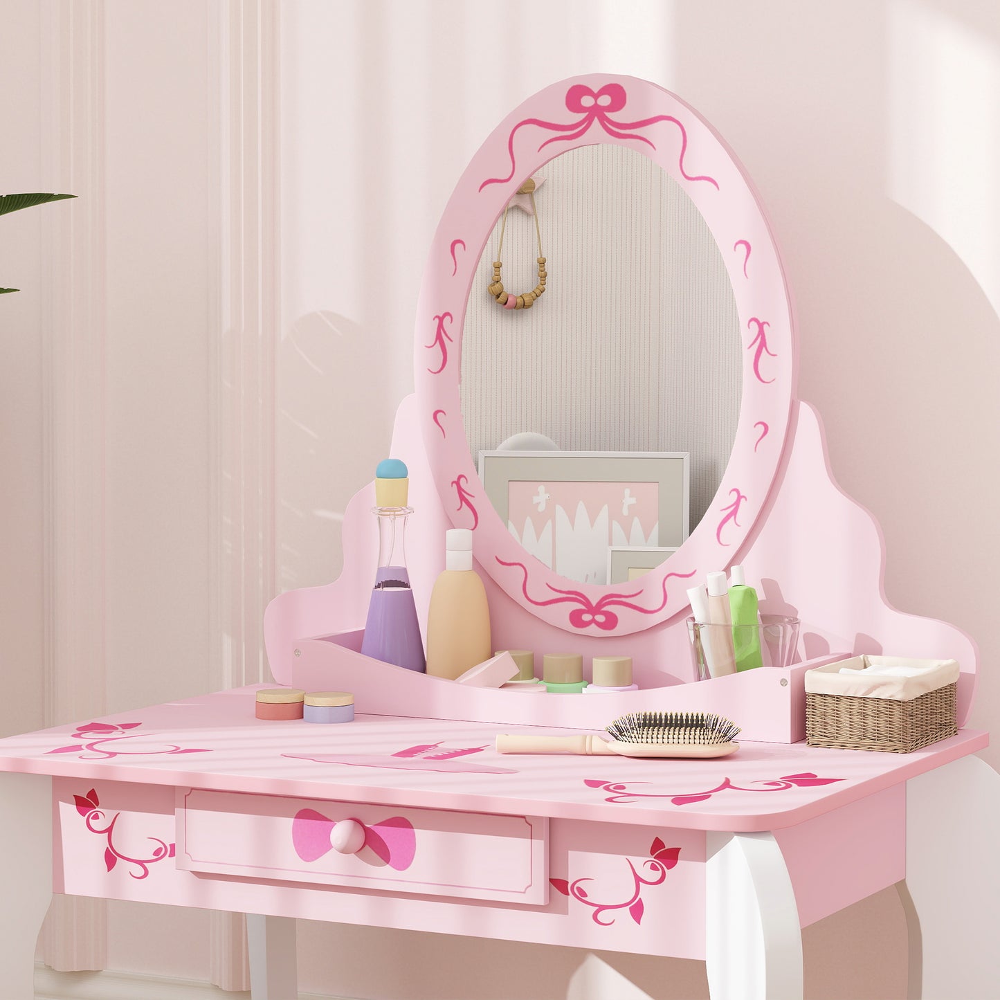 Kids Dressing Table Set, Vanity Table with Stool, Mirror, Drawer