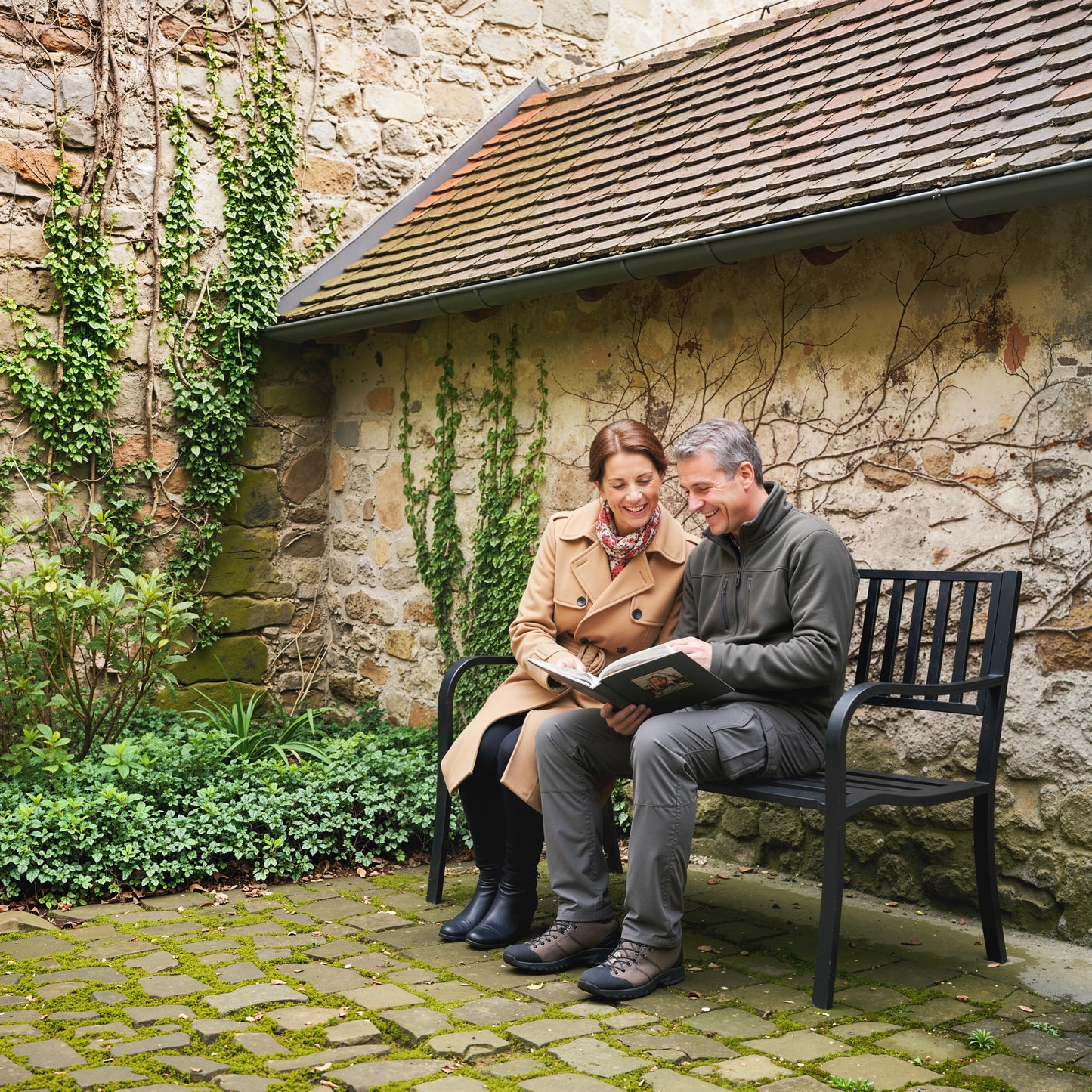 Metal Garden Bench Loveseat with Slatted Seat