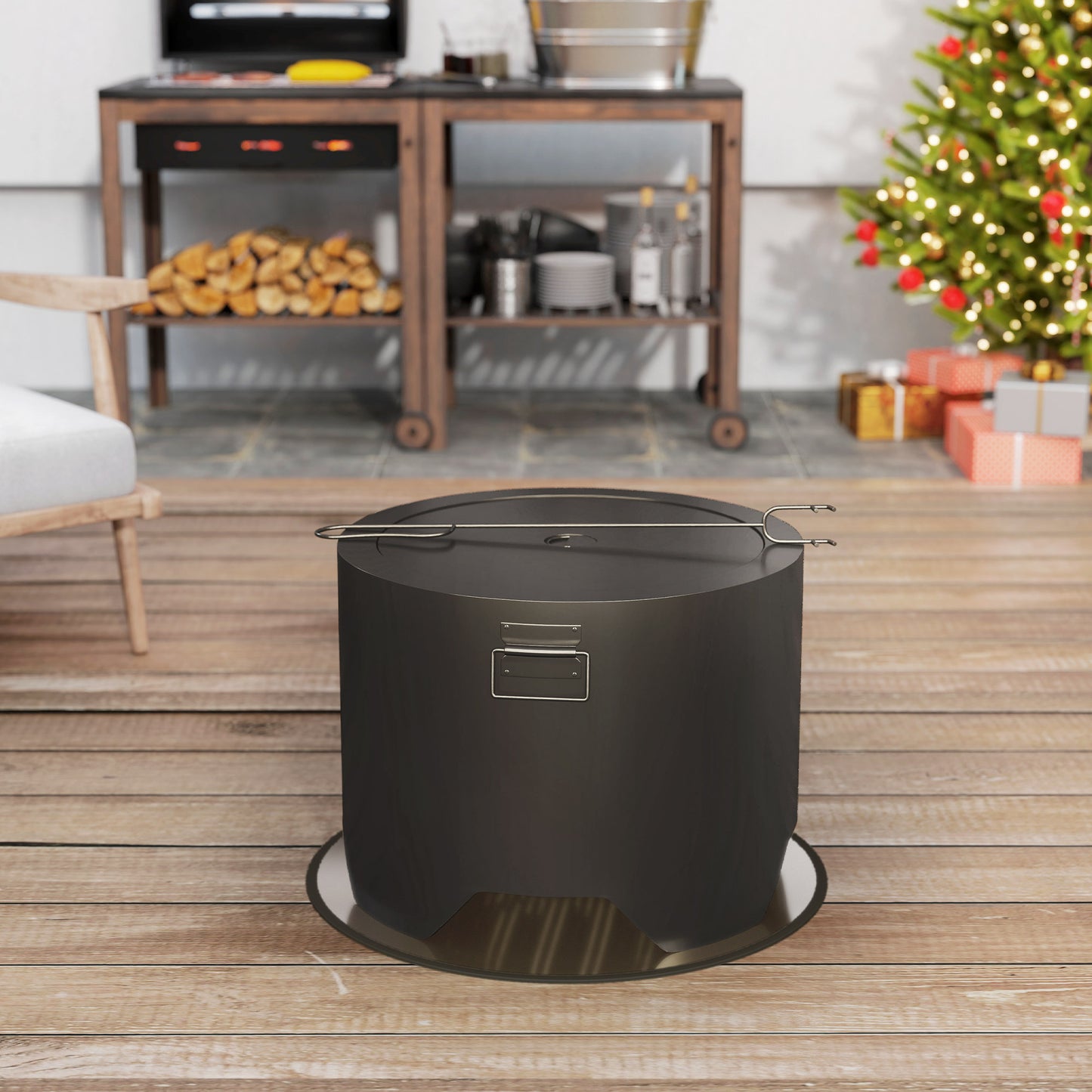 Outdoor Round Fire Pit with Lid and Fire Poker