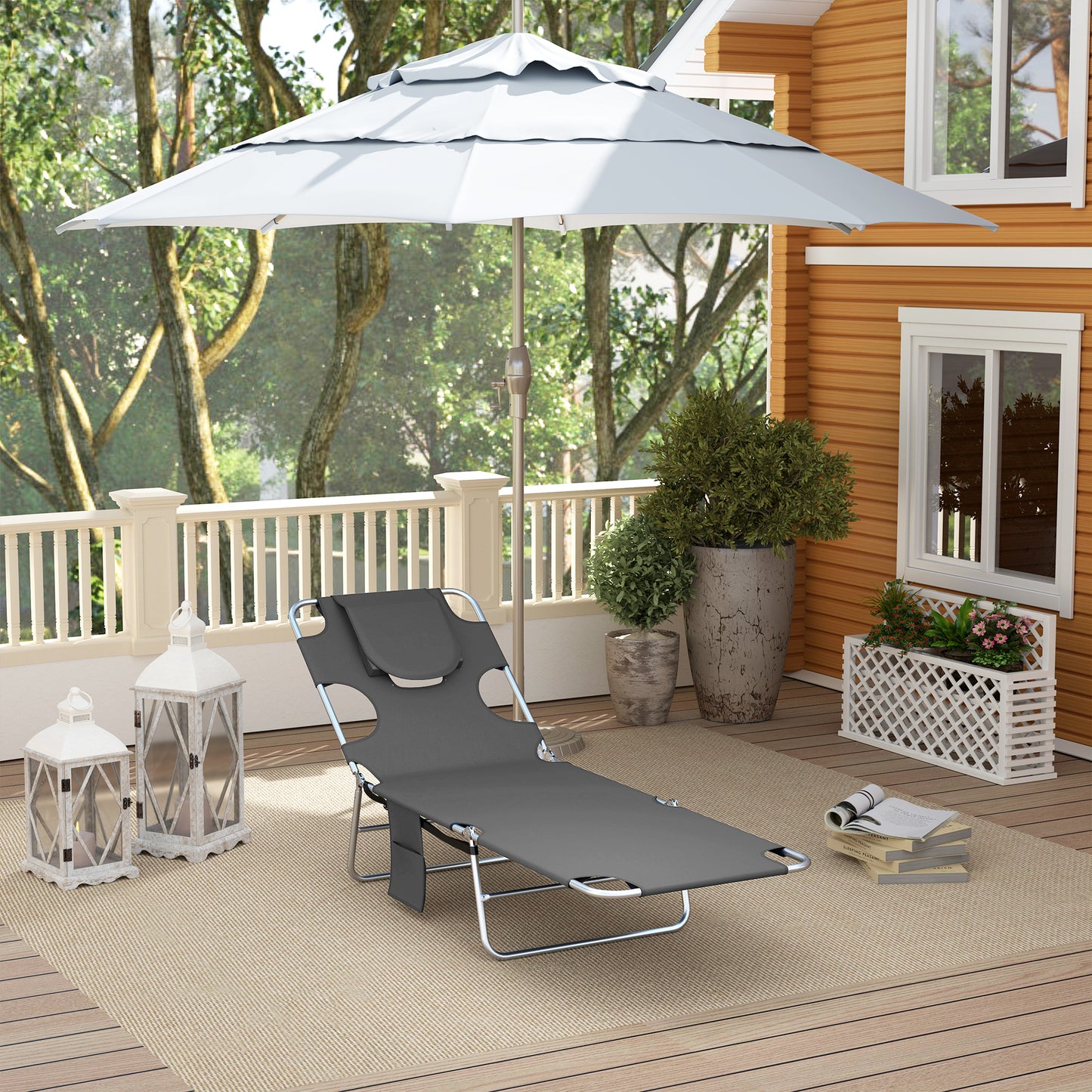 Foldable Sun Lounger Set of 2, Beach Chaise Lounge with Reading Hole