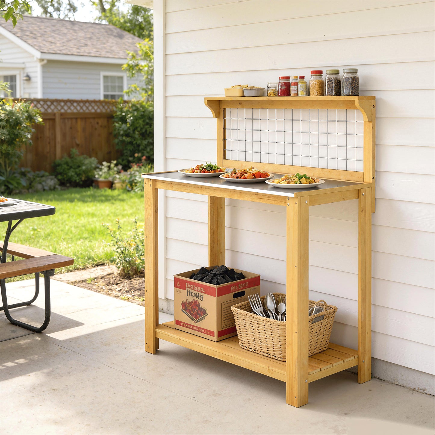 Wooden Potting Bench Table with Aluminium Worktop (1)