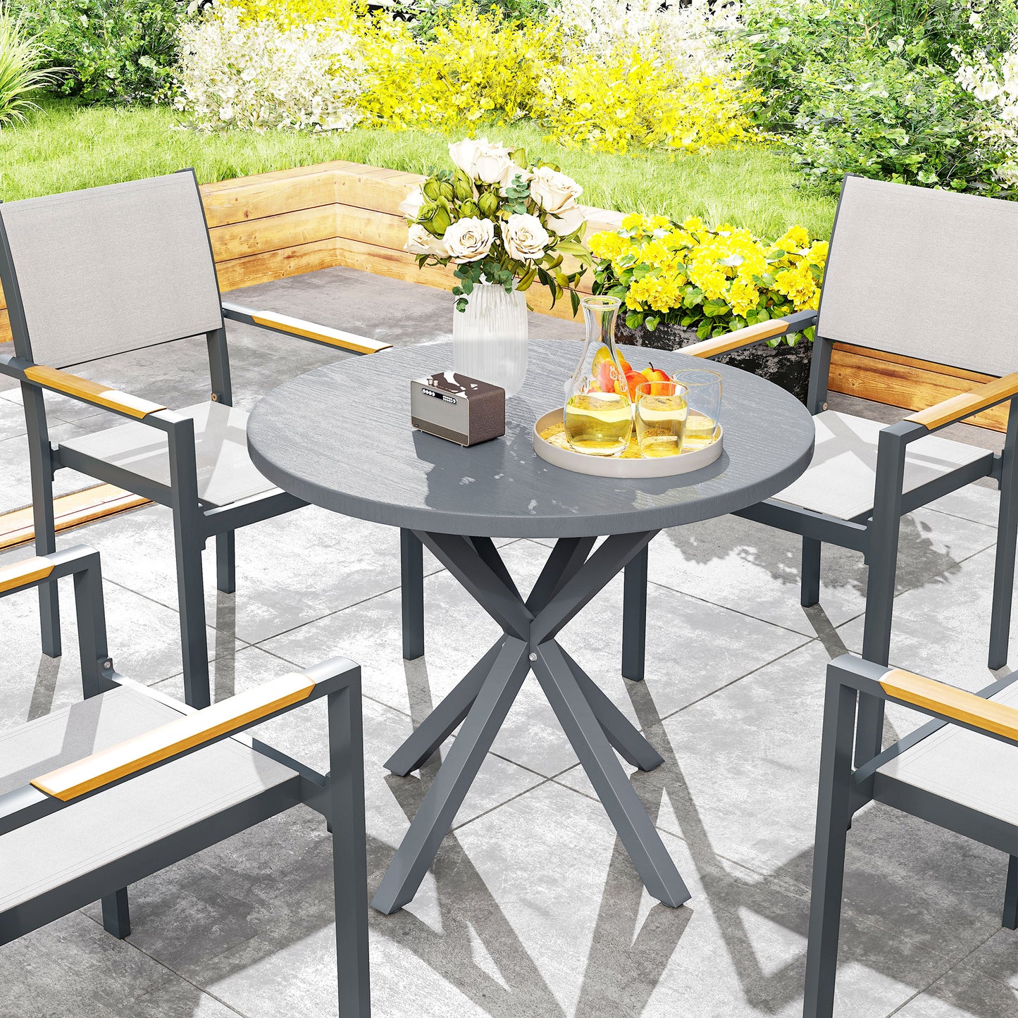 Garden Table, 85cm Round Outdoor Dining Table with Steel Frame