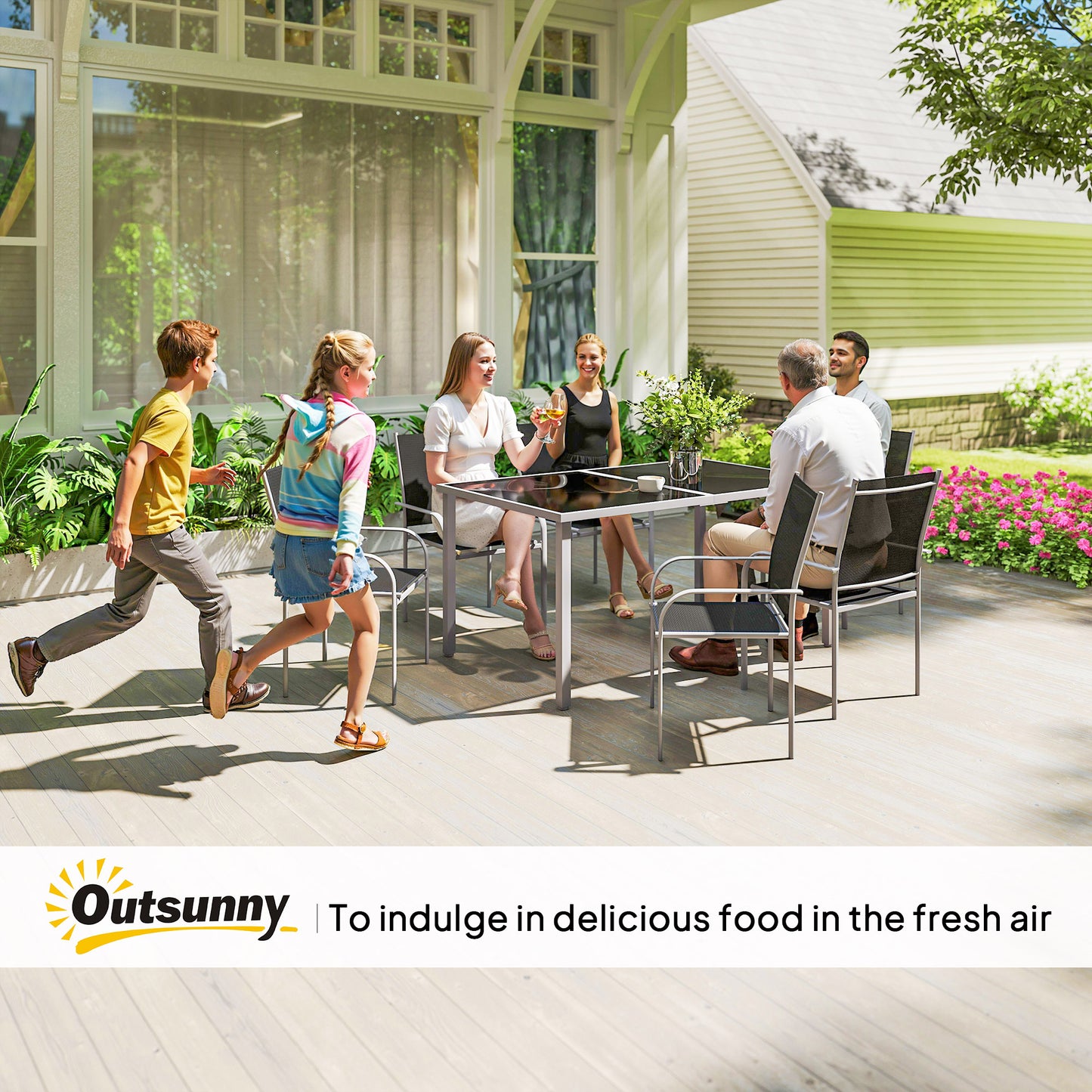 7 Piece Outdoor Garden Dining Set with Table and 6 Stackable Chairs