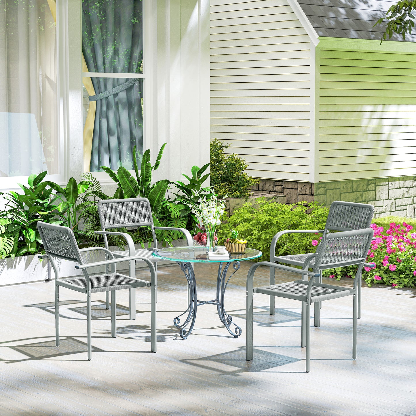 Stackable Garden Chairs Set of 4, Rattan Effect Outdoor Dining Chairs