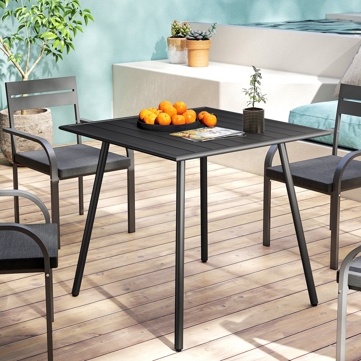 Square Garden Table with Slat Top, Steel Frame