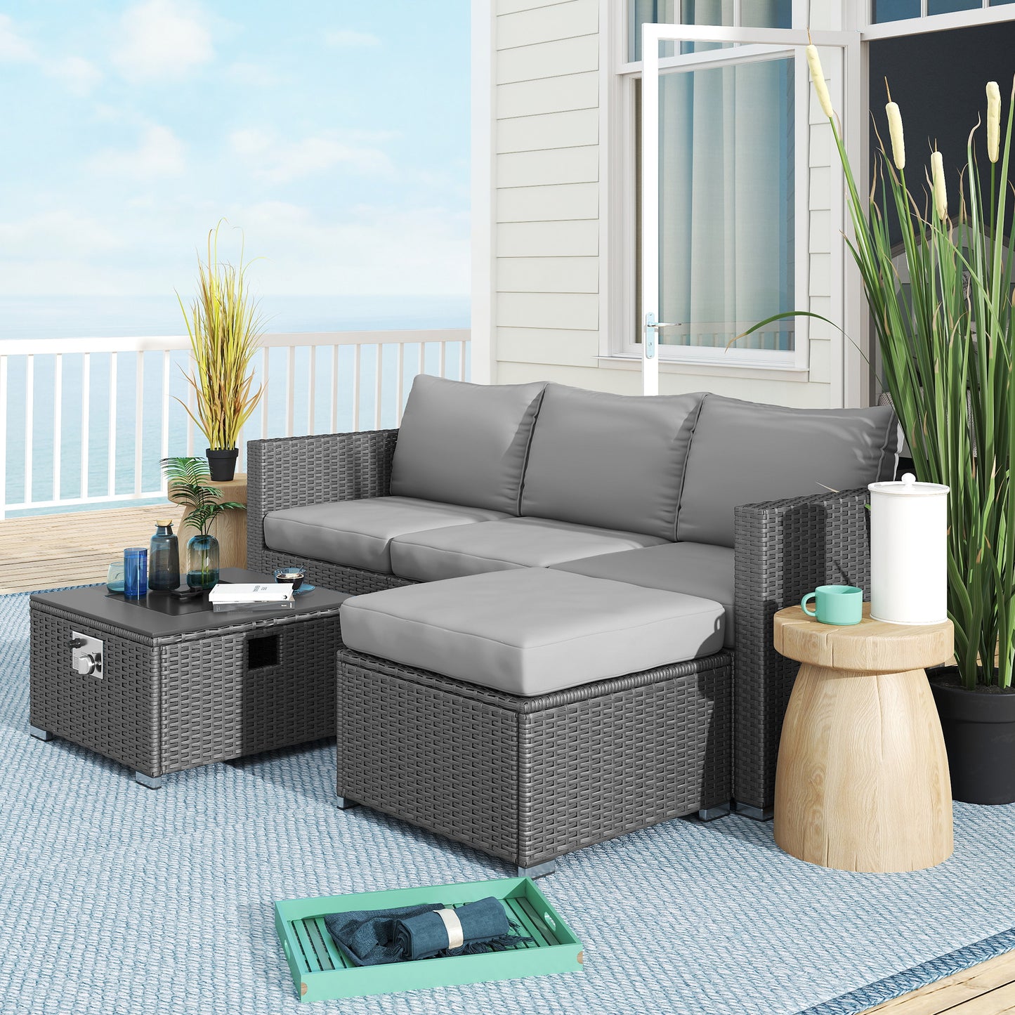 Five Piece Rattan Garden Furniture Set with Gas Fire Pit Table
