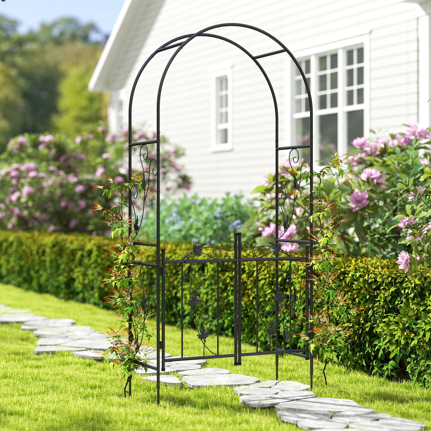 2.17m Steel Garden Arch with Gate, Wedding Arch for Outdoor, Garden