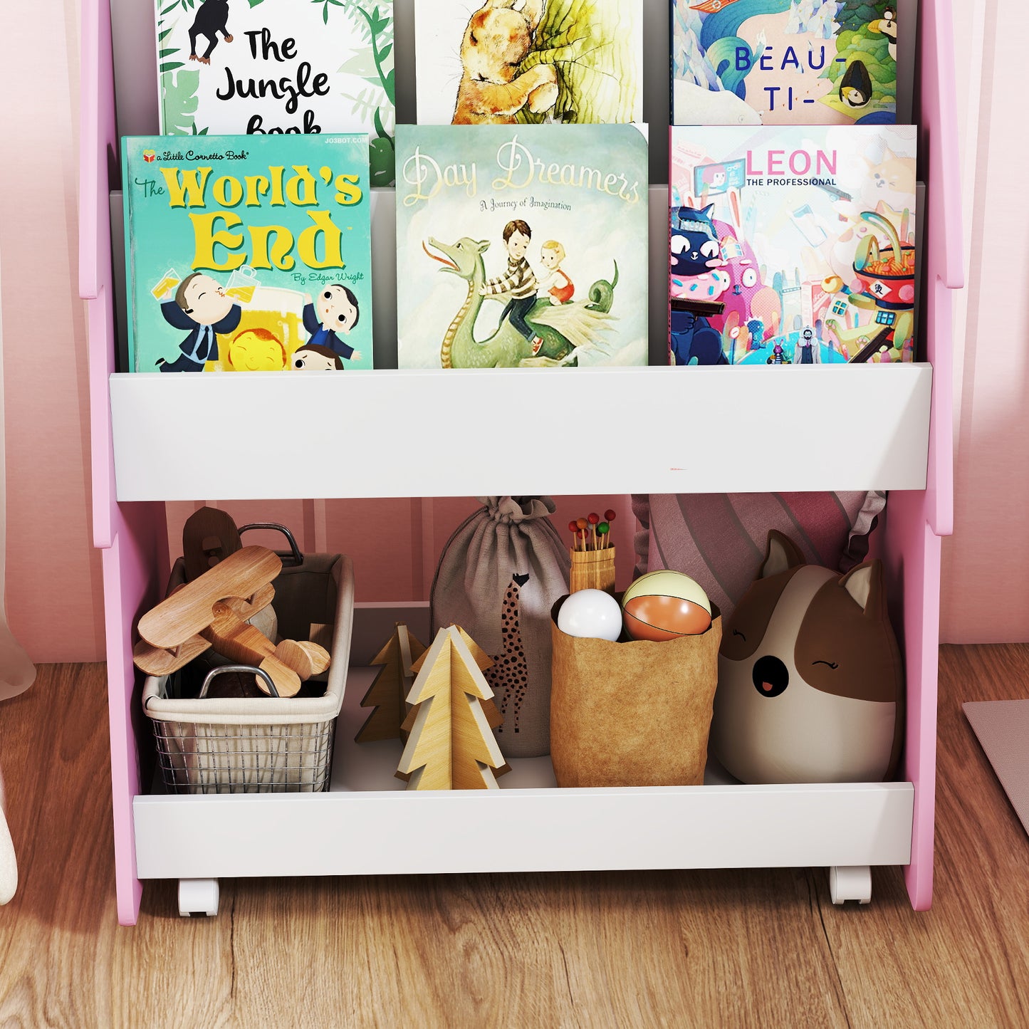 Kids Bookshelf with Toy Storage, Double-Sided Bookcase with Wheels