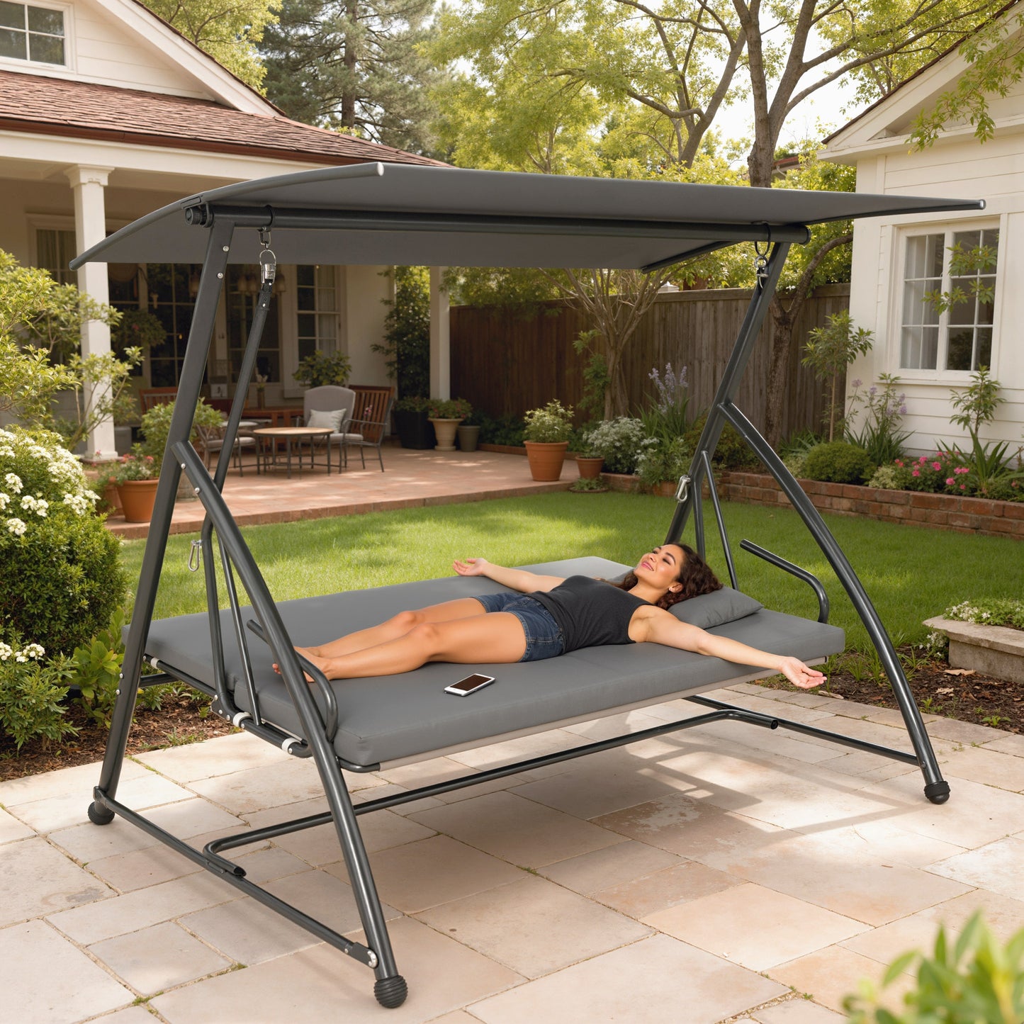 Outdoor 2-in-1 Swing Chair Lounger 3 Seater Garden Swing Seat Bed