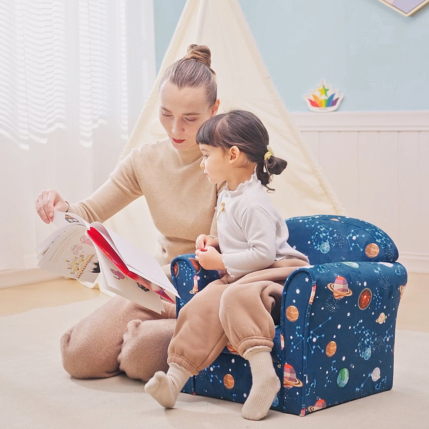 Kids Planet-Themed Armchair, with Non-Slip Feet, Wooden Frame