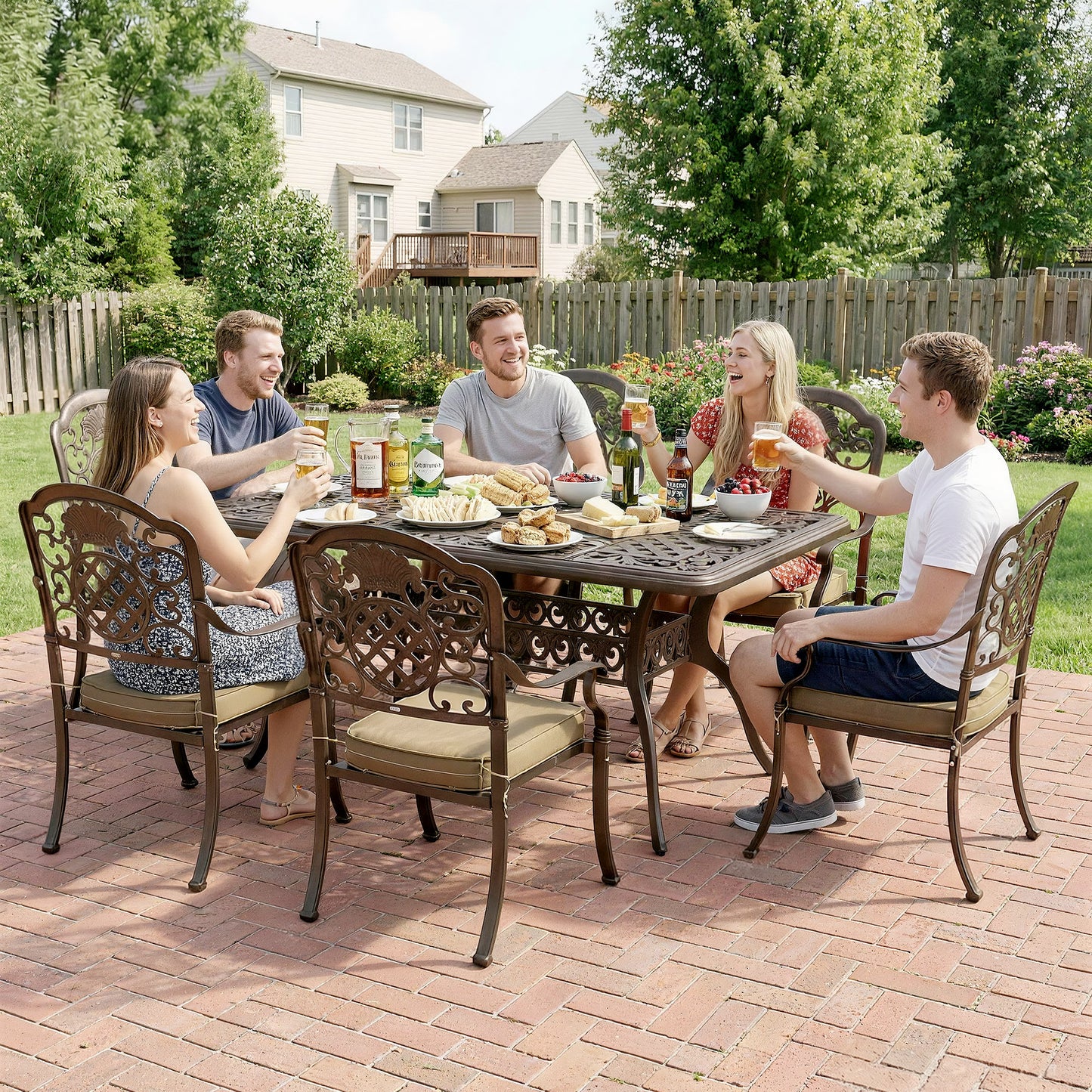 Garden Dining Set for 6, Cast Aluminium Outdoor Table and Chairs Set