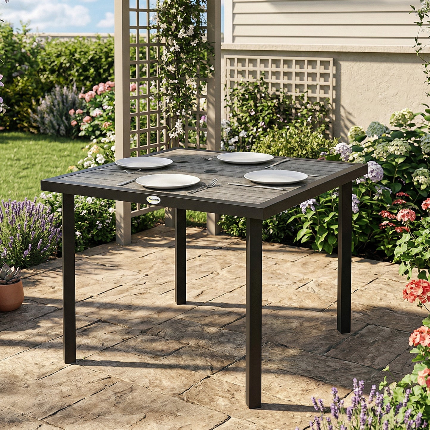 Square Garden Dining Table with Parasol Hole, Slatted Top