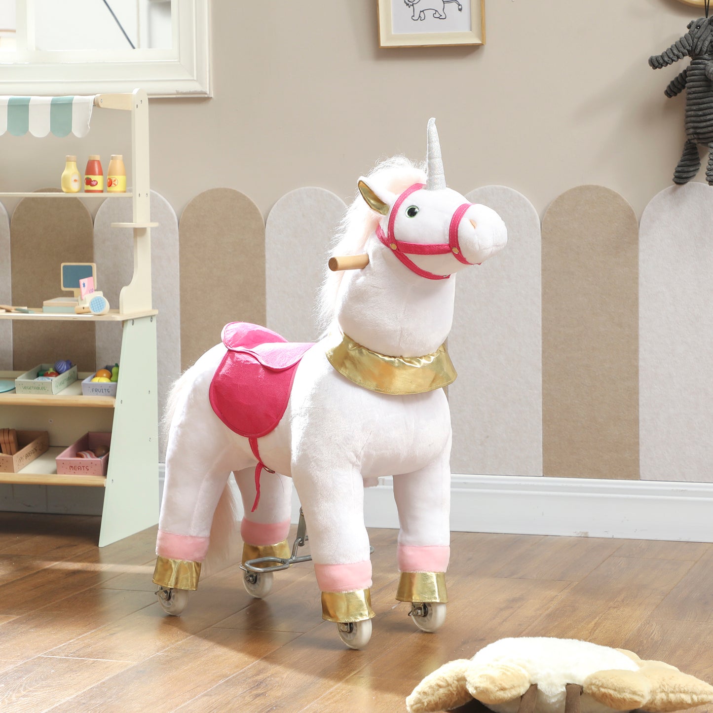 Kids Rocking Horse, Plush Walking Horse with Wheels