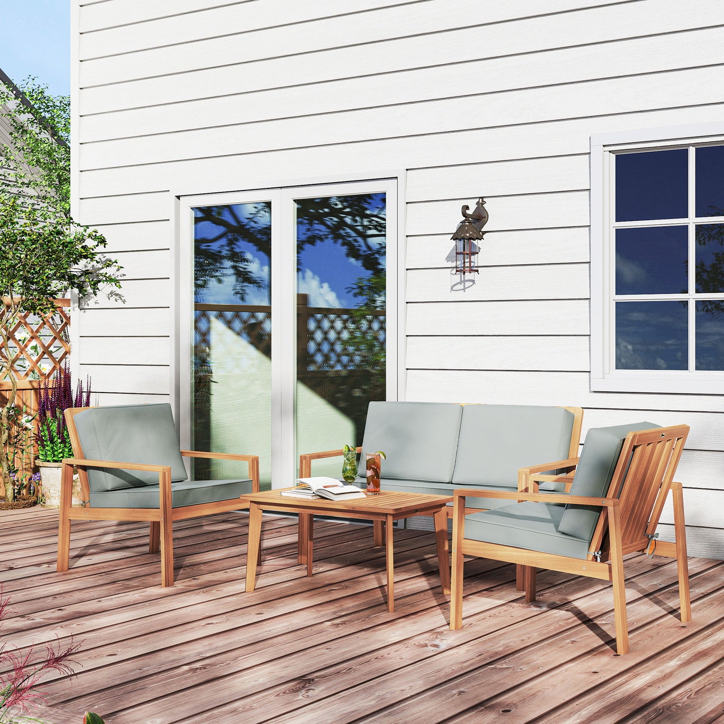 4-Piece Wooden Garden Furniture Set with Cushions - Teak