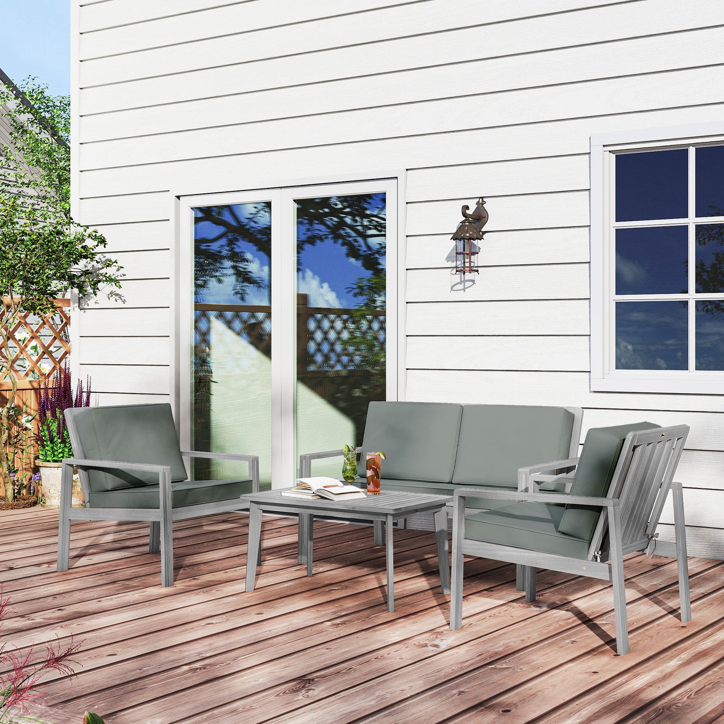 4-Piece Wooden Garden Furniture Set with Cushions