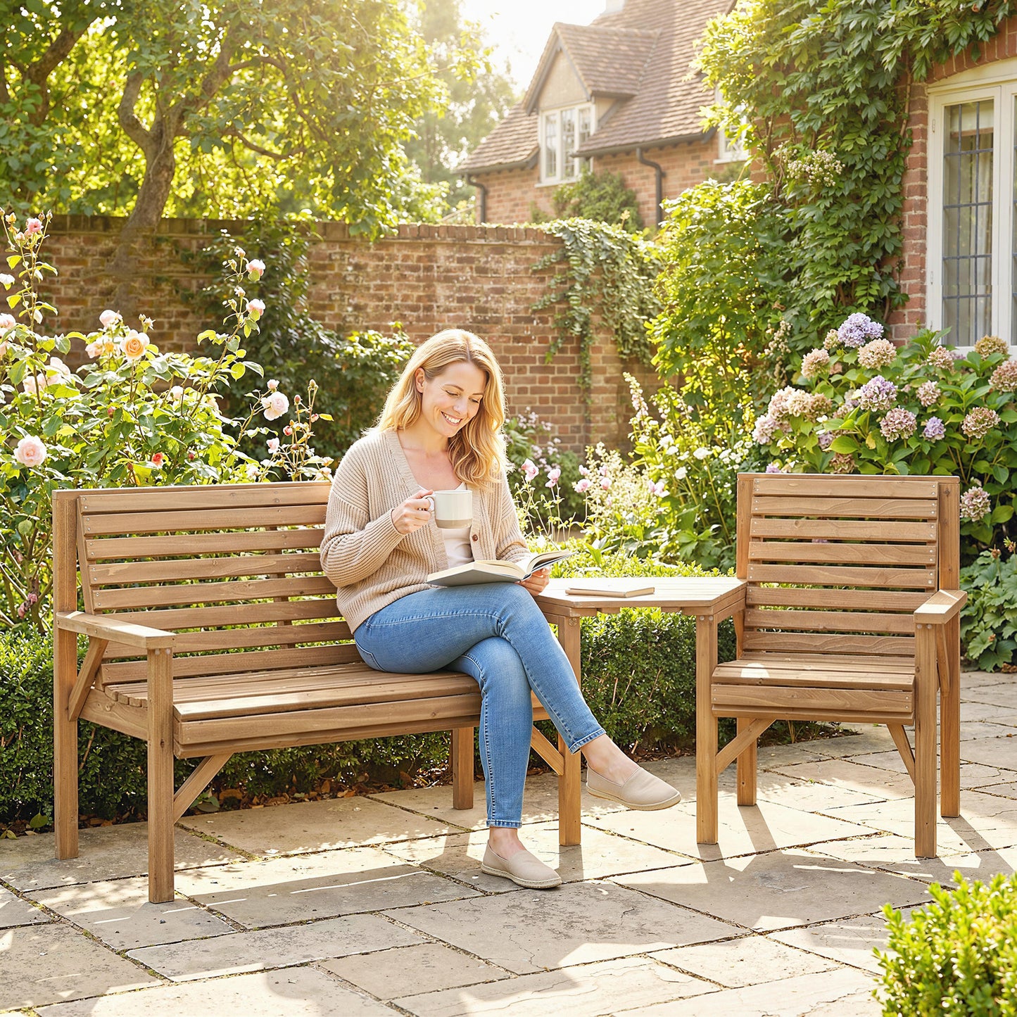 Wooden Garden Furniture Set , 1 Chair, 1 Bench and Detachable Table