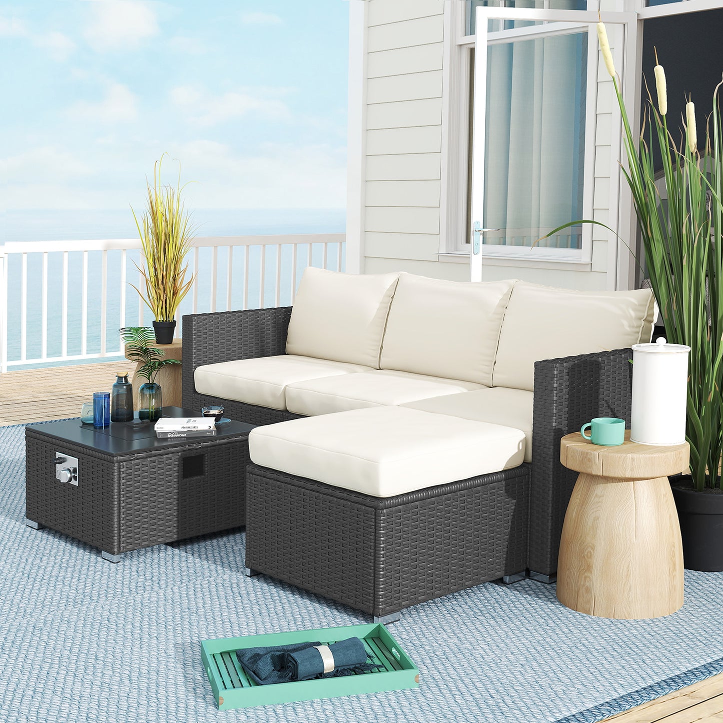 Five Piece Rattan Garden Furniture Set with Gas Fire Pit Table (2)