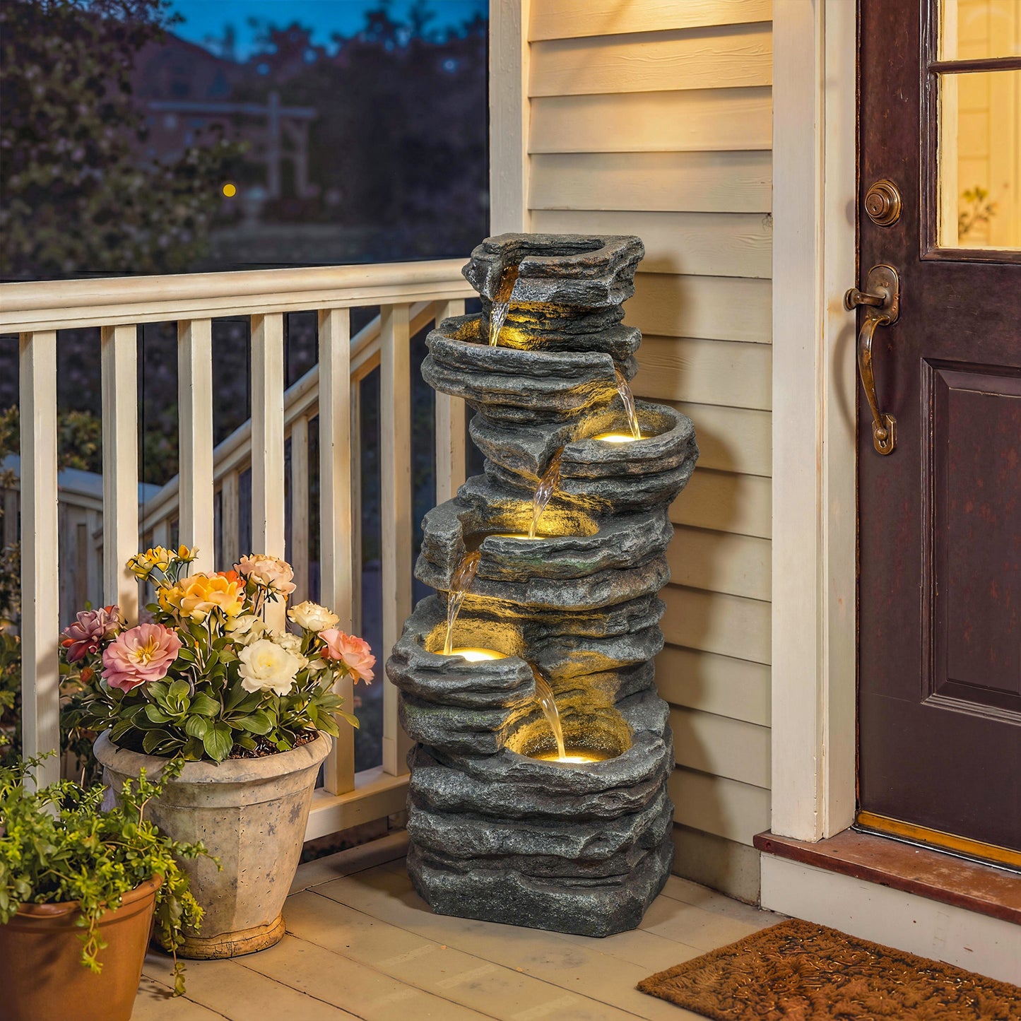 Outdoor Fountain, 6-Tier Cascading Waterfall Feature with LED Lights