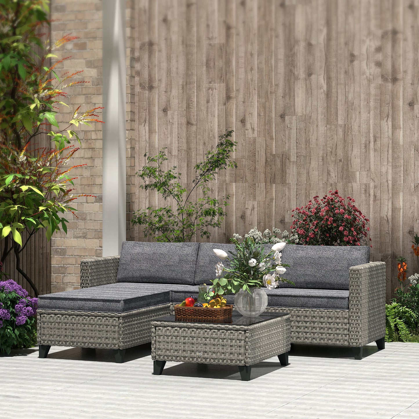 5-Piece Rattan Patio Furniture Set with Corner Sofa, Footstools