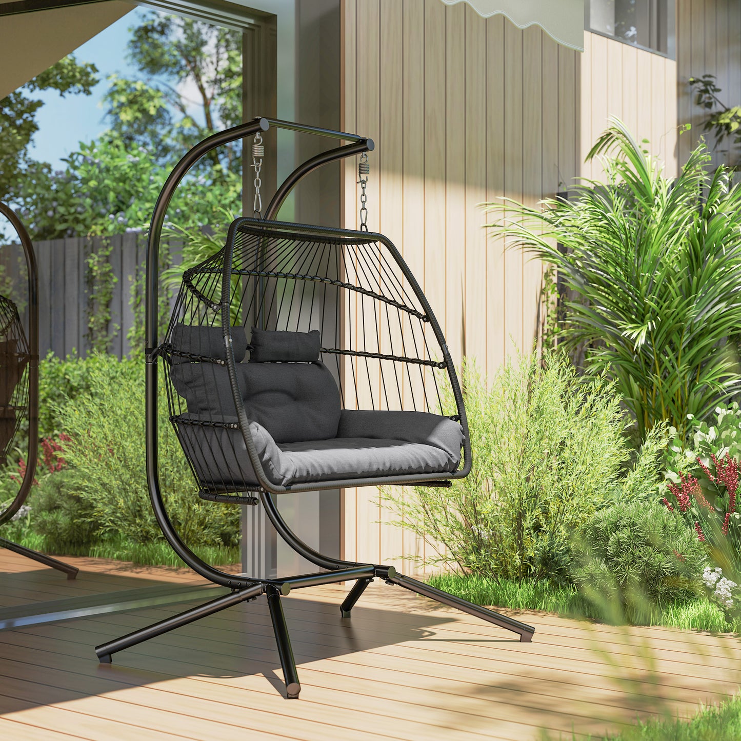 Rattan Double Hanging Egg Chair with Stand
