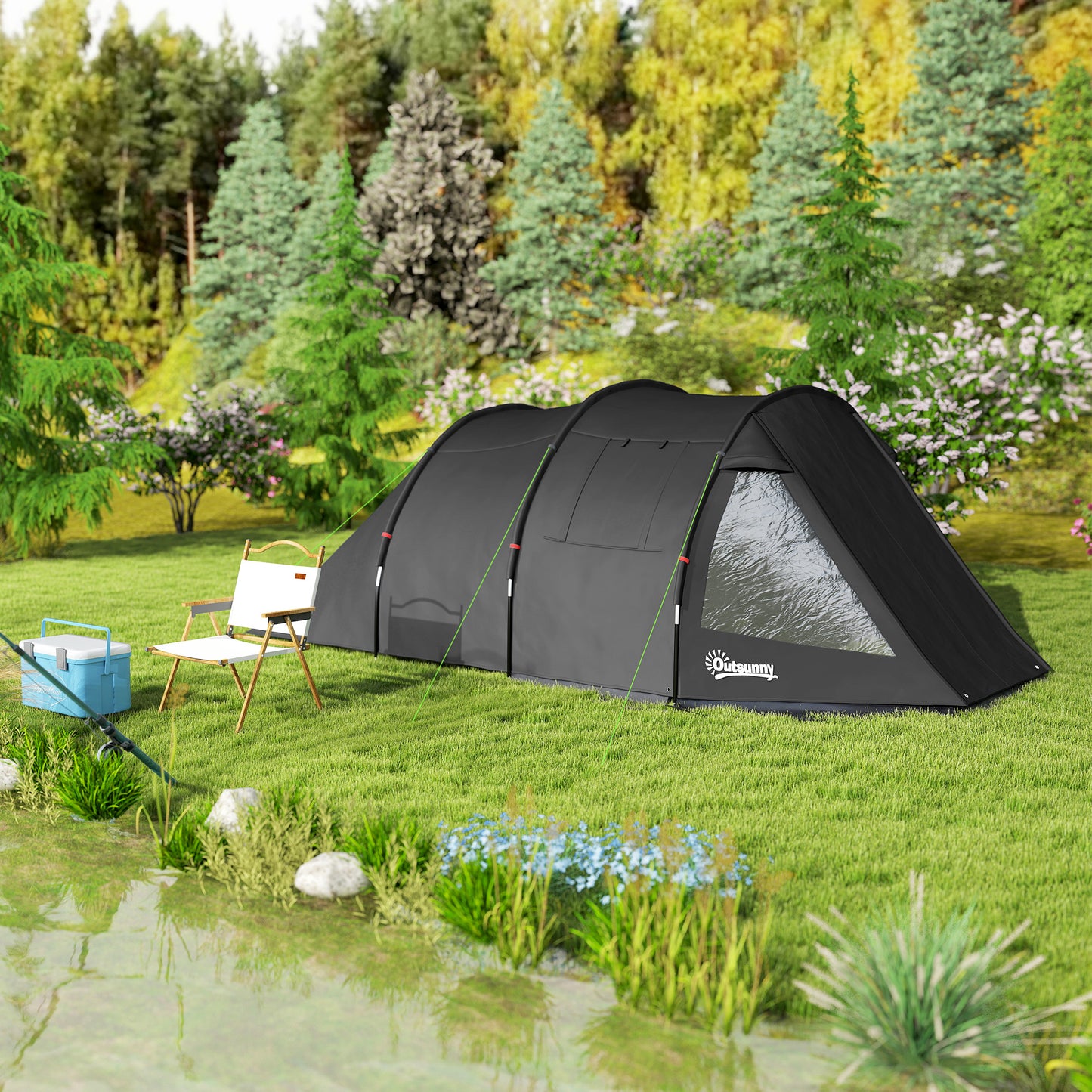 3-4 Man Tunnel Tent, Two Room Camping Tent with Windows