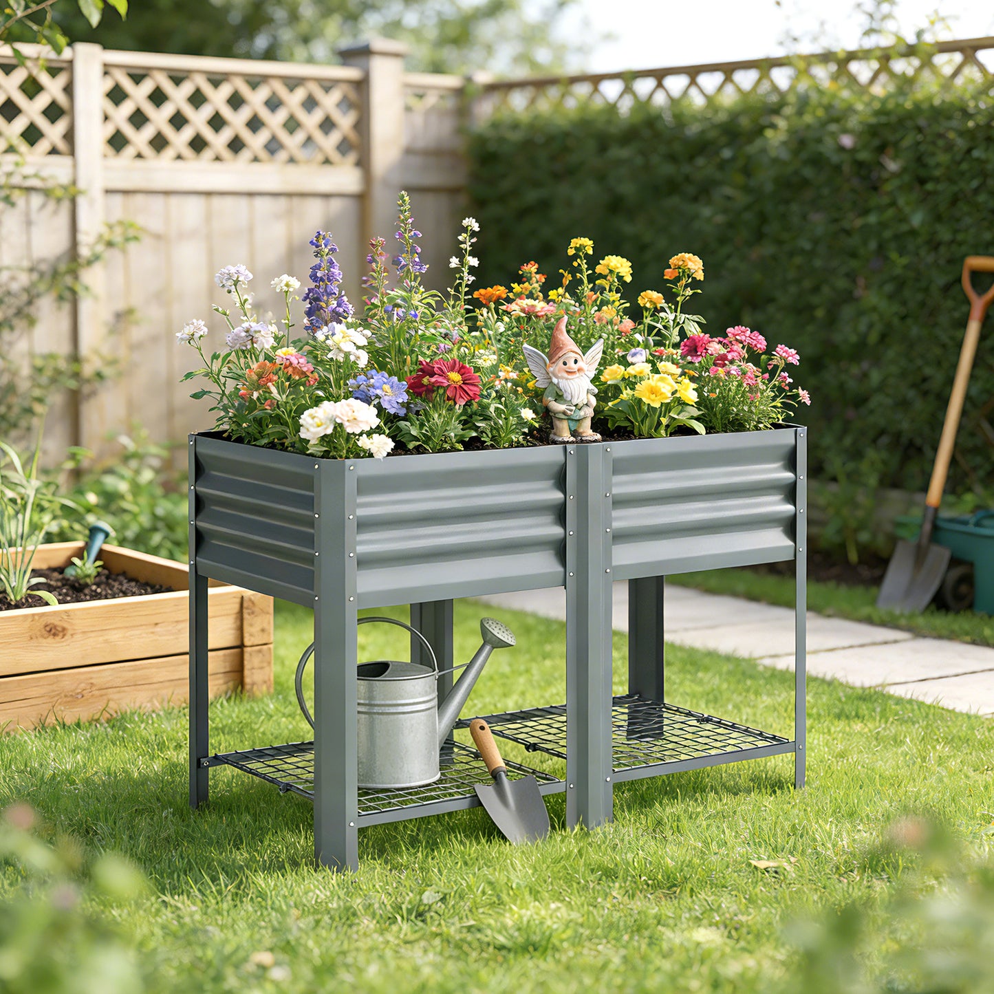 Raised Garden Bed with Storage Shelf Steel Elevated Planter Box