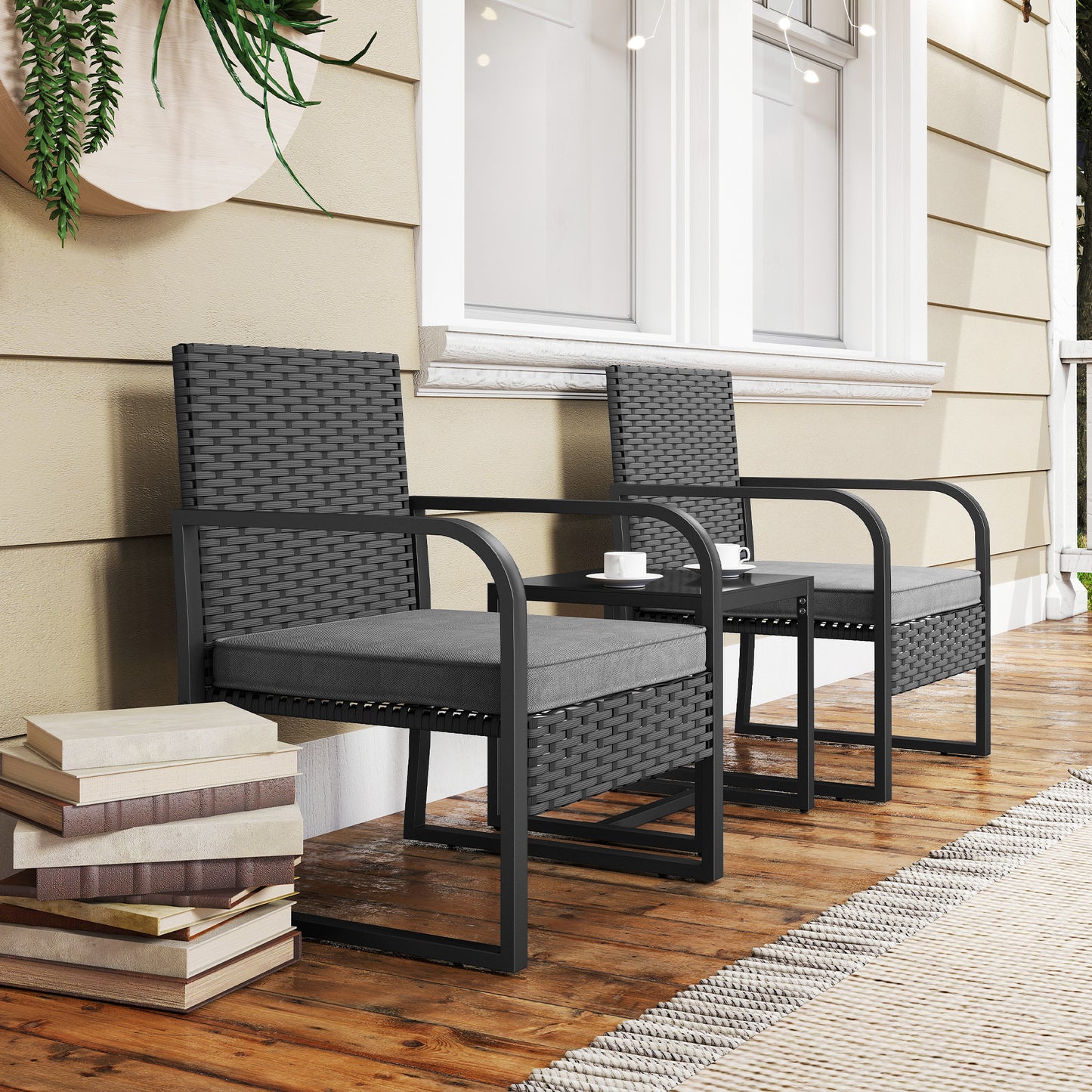 Rattan Bistro Set, 3 Piece Garden Furniture Set with Cushions