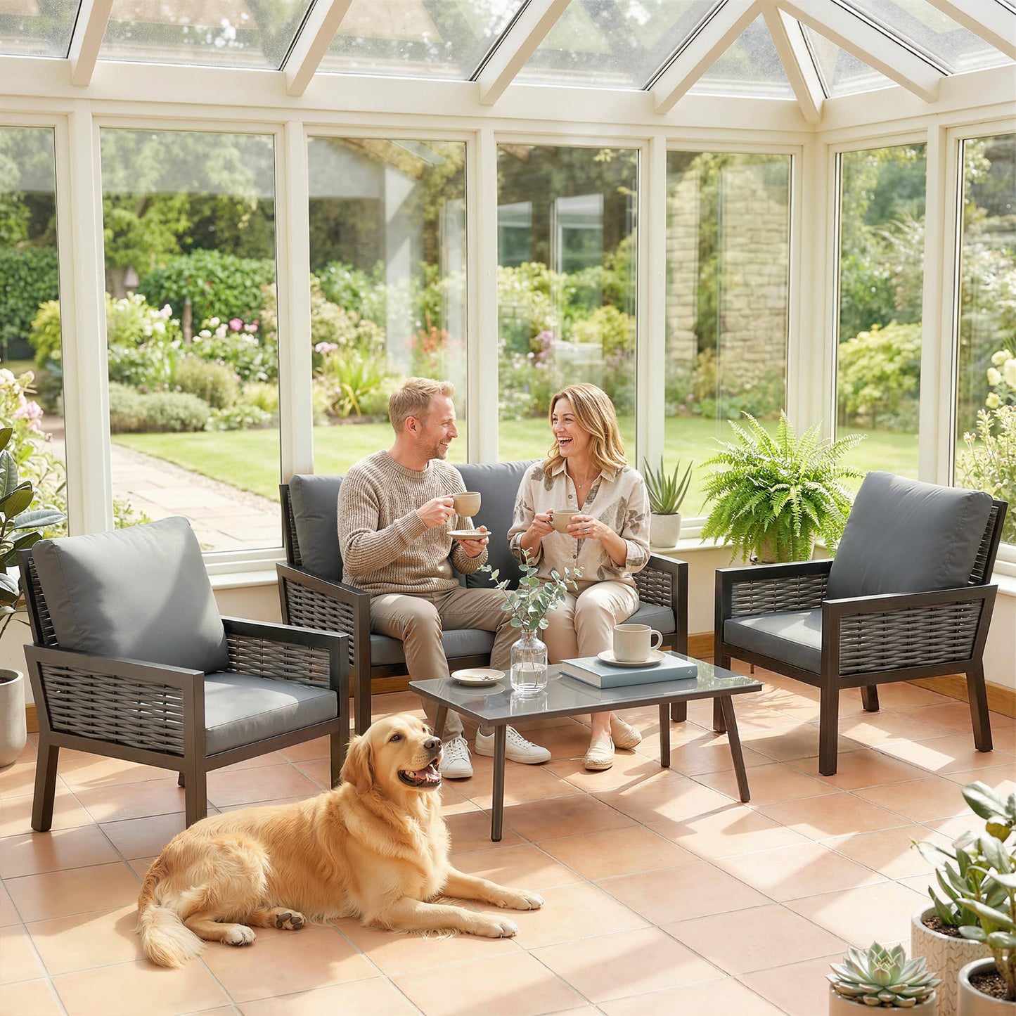 4 Seater Rattan Garden Furniture Set with 2 Armchairs, Loveseat