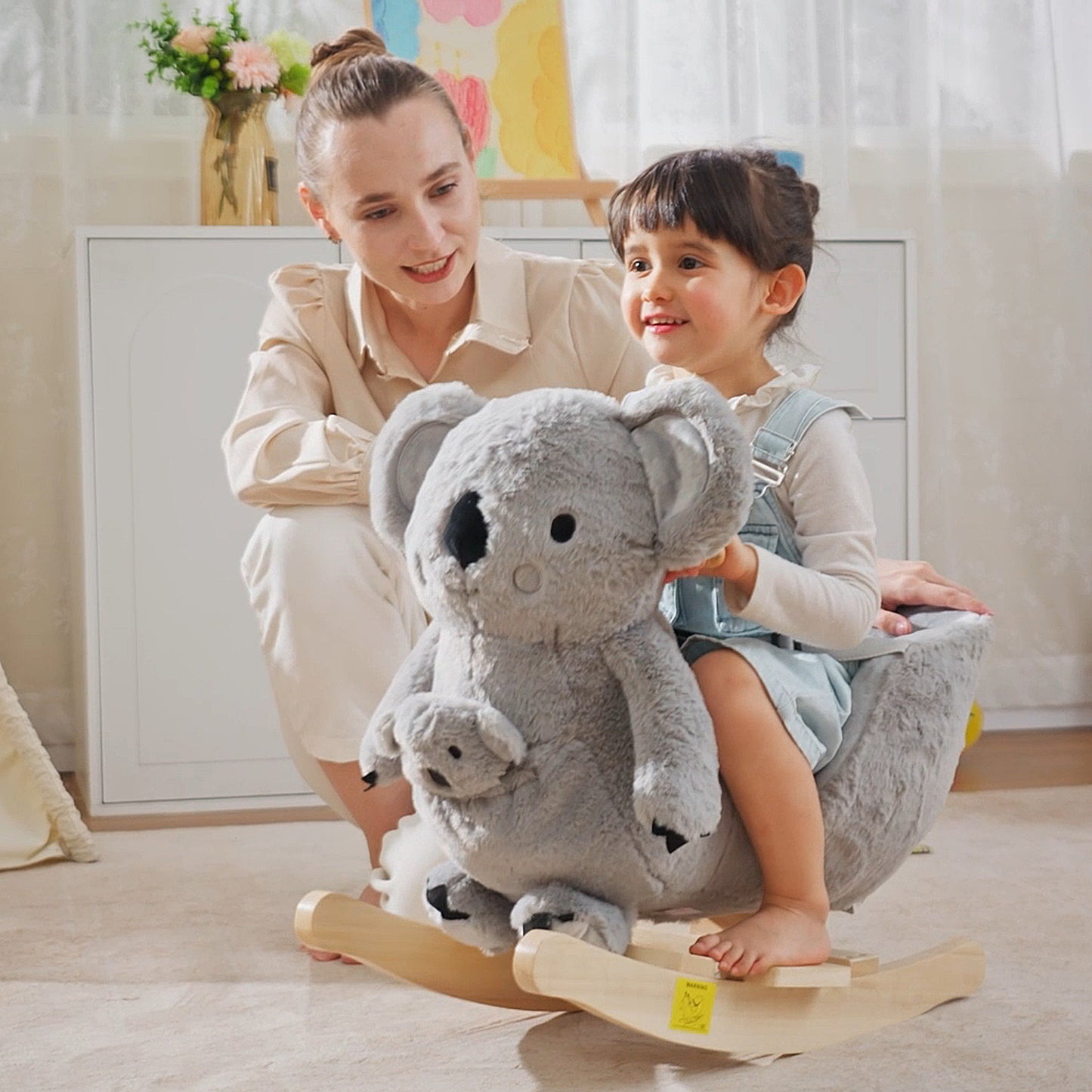 Kids Toddler Rocking Horse Plush Ride On Koala Rocker Wooden Base