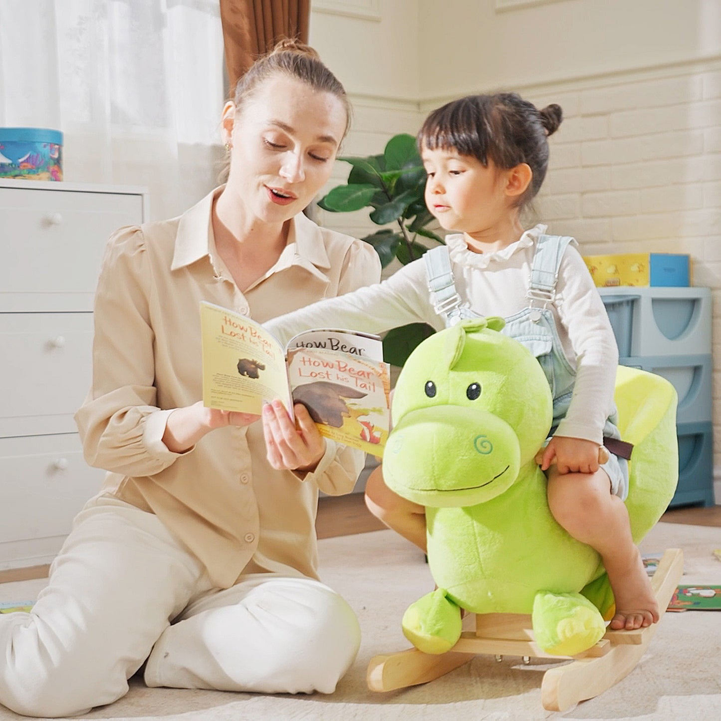 Kids Rocking Horse, Plush Ride-On Dinosaur Seat, with Seat Seat Belt
