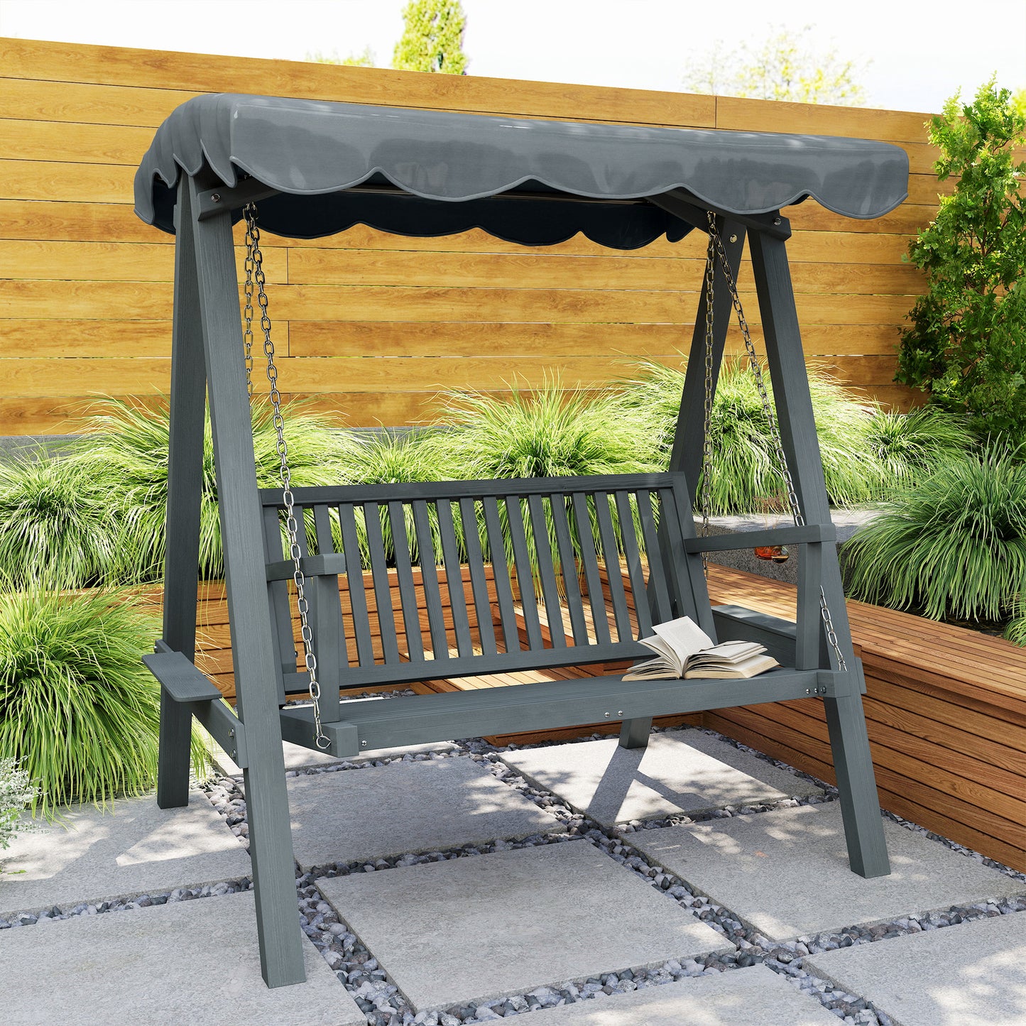 2 Seater Garden Swing Seat with Canopy, Wooden Swing Chair